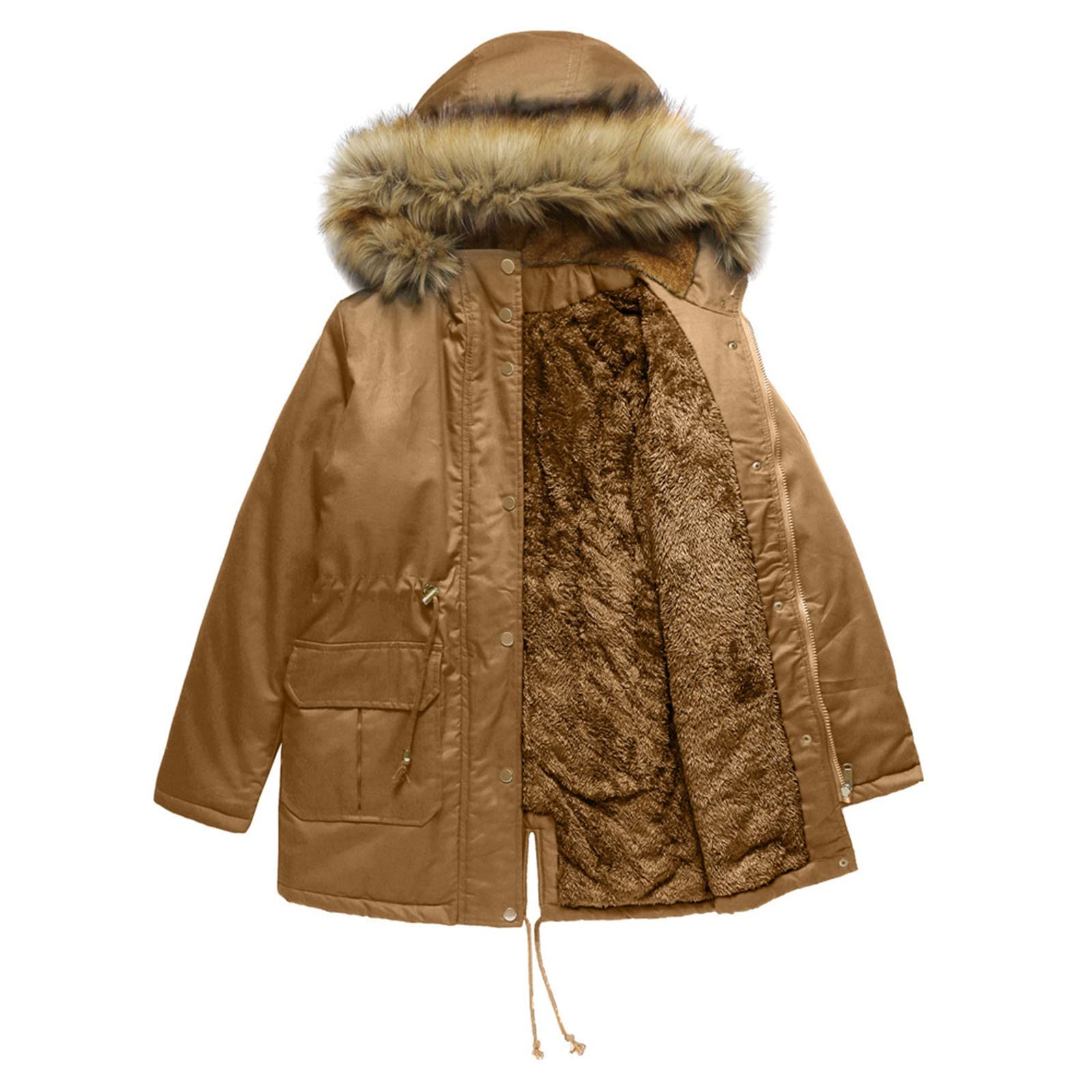Women's Mid-Length Hooded Winter Coat - Solid Color Fleece-Lined Jacket with Fur Collar & Cotton Padding | Warm Outerwear for Snow, Travel & Everyday Winter Wear