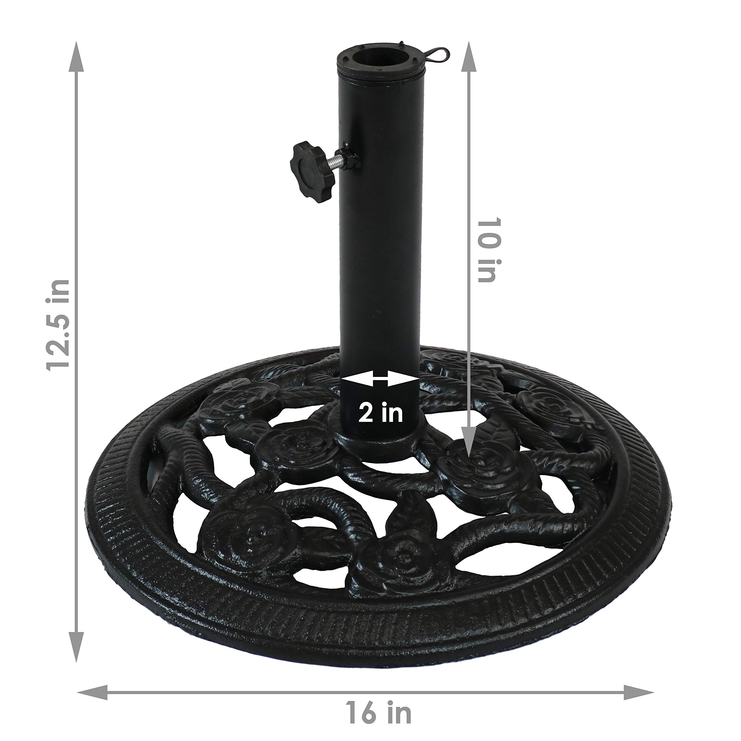 Heavy Duty Cast Iron Patio Umbrella Base Stand with Decorative Rose Blossom Design - 16-Inch Diameter Black Outdoor Umbrella Weight - Perfect for Garden, Poolside & Backyard Relaxation