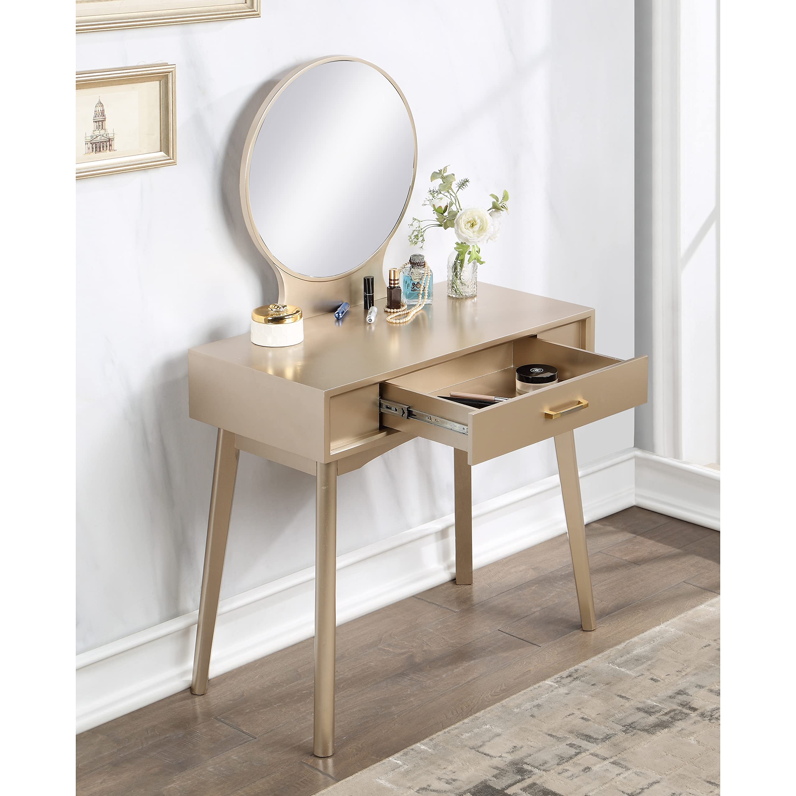 Roundhill Furniture Maly Contemporary Wood Vanity and Stool Set in Pink - Modern Dressing Table with Matching Stool for Bedroom Makeup & Beauty Routine