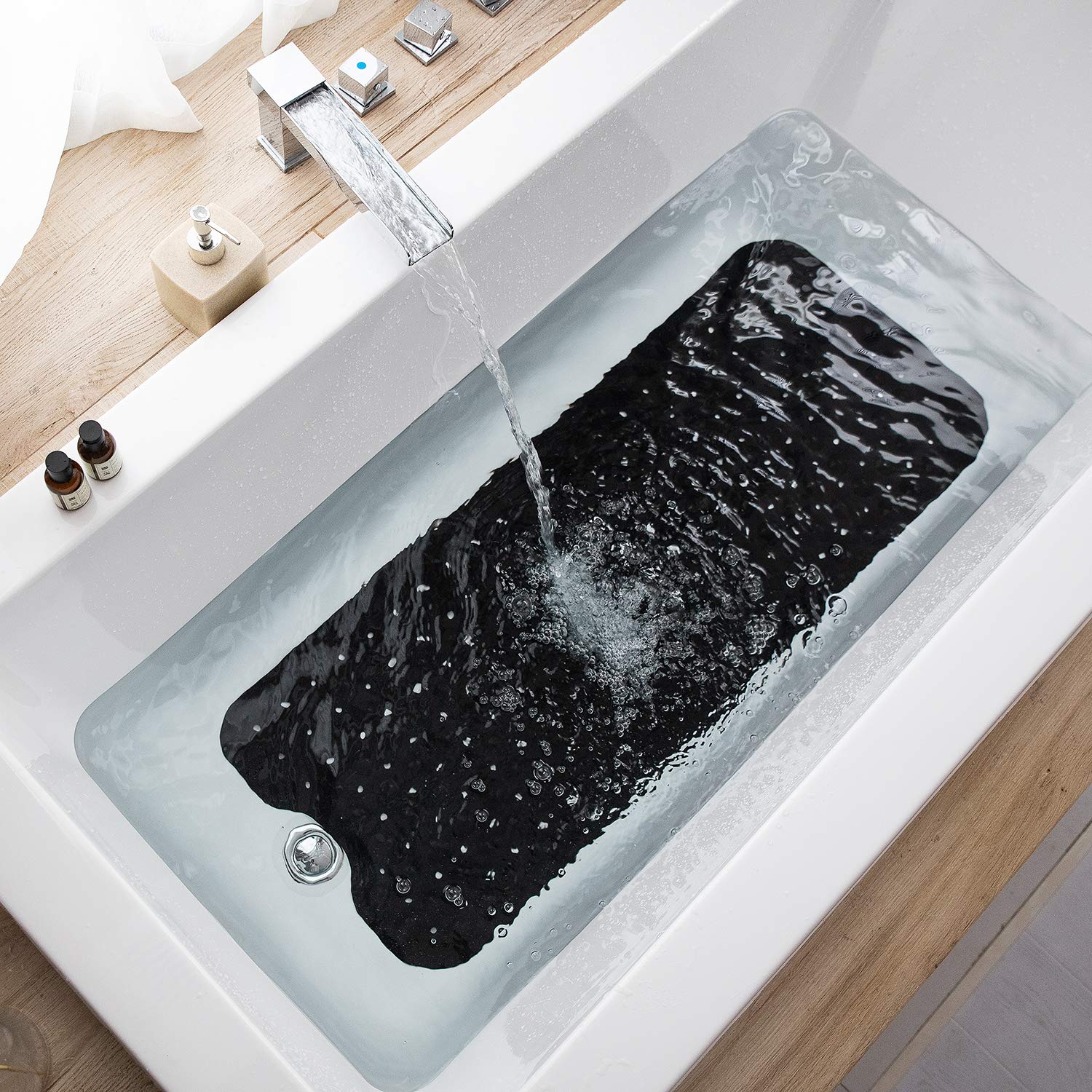 TEESHLY Extra Long Non-Slip Bathtub Mat with Drain Holes & Suction Cups - Machine Washable Shower Mat for Bathroom Safety (Black) - Perfect for Elderly, Kids & Wet Floors