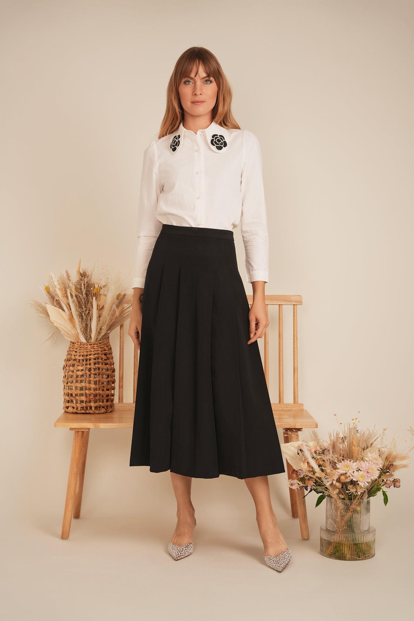 Elegant Midi A-Line Crepe Skirt for Women - Flowy High Waist Pleated Skirt - Perfect for Office, Party & Casual Wear
