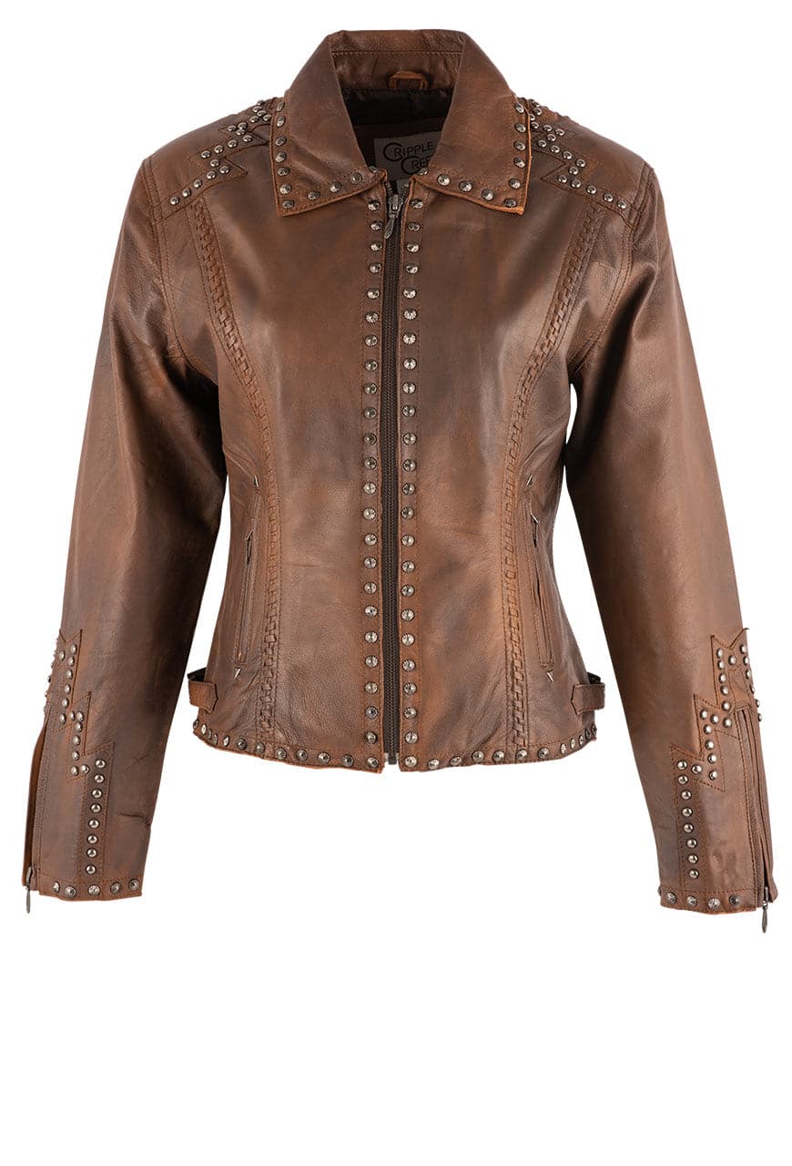 Vintage Brown Studded Leather Jacket for Men & Women | Cripple Creek Western Style Biker Jacket | Perfect for Motorcycle Rides, Casual Outfits & Cowboy Fashion