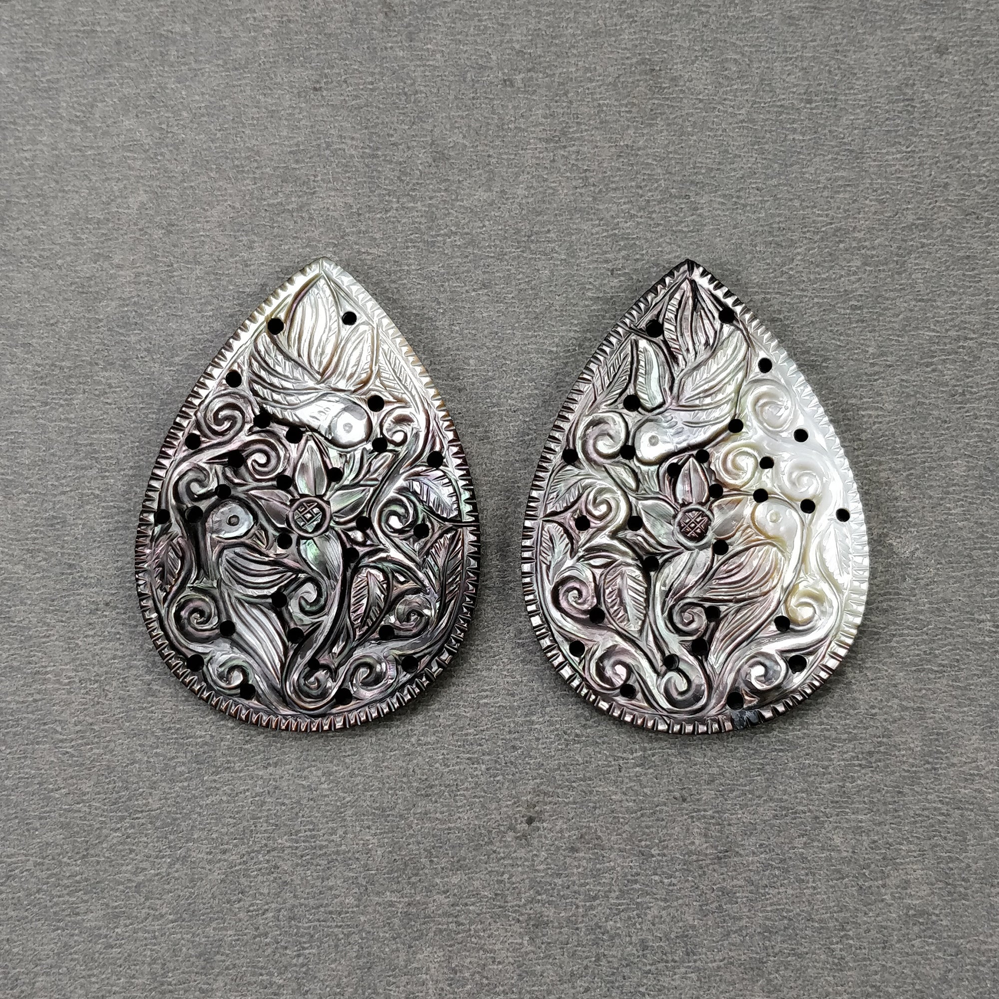 Natural Untreated Black Mother of Pearl Gemstone Carving - 84.65cts Hand Carved Pear Shape 48x34.5mm Pair - Perfect for Jewelry Making, DIY Crafts, and Home Decor