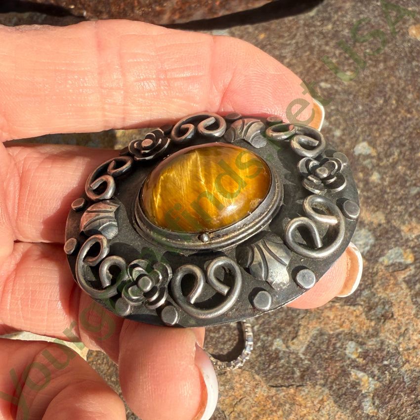 Sterling Silver Large Poison Pendant Locket with Tiger's Eye Gemstone Necklace - Gothic Jewelry for Women, Perfect for Halloween, Cosplay and Dark Fashion Accessories
