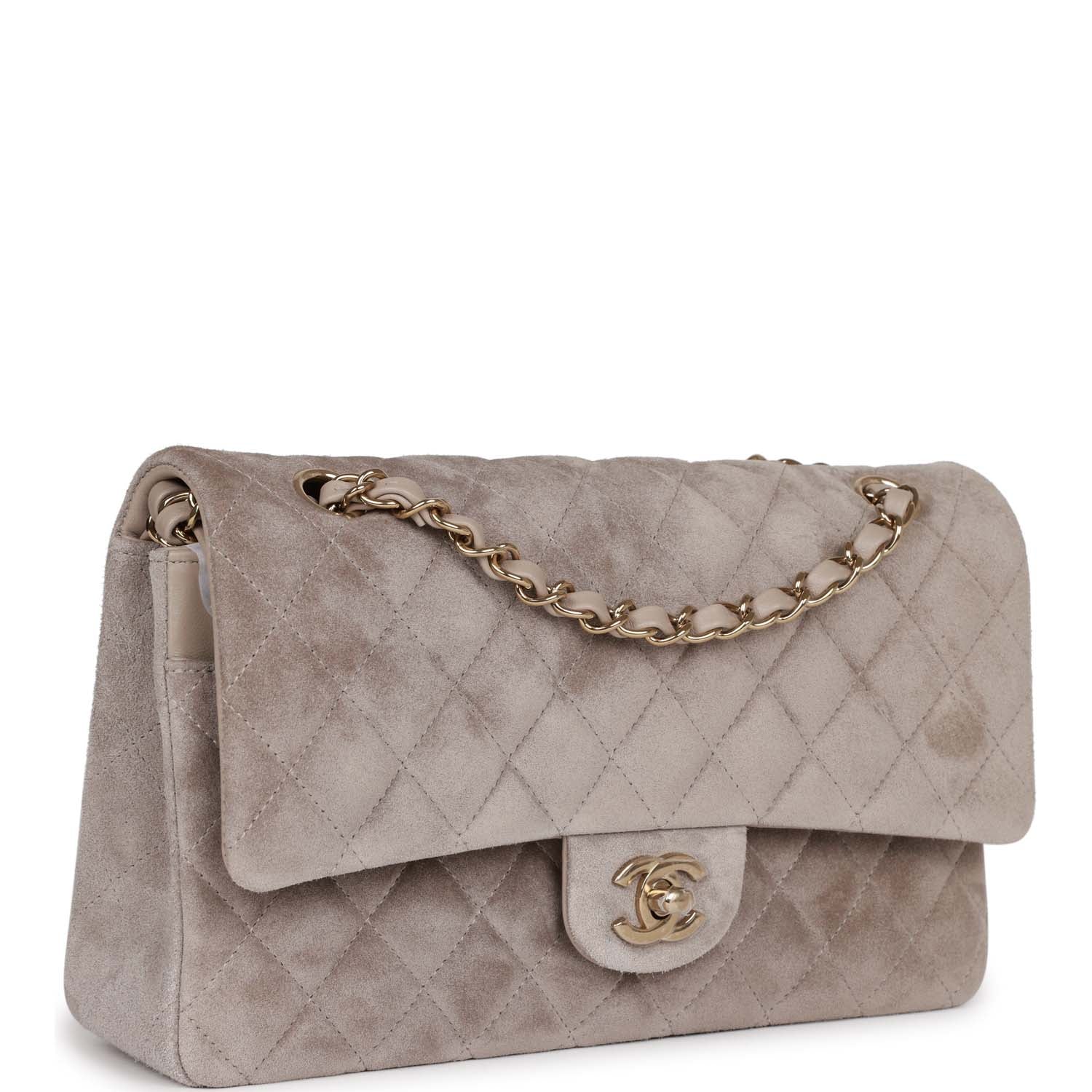 Chanel Medium Classic Double Flap Bag in Grey Suede with Light Gold Hardware | Luxury Designer Handbag for Women | Perfect for Work, Evening Events & Special Occasions