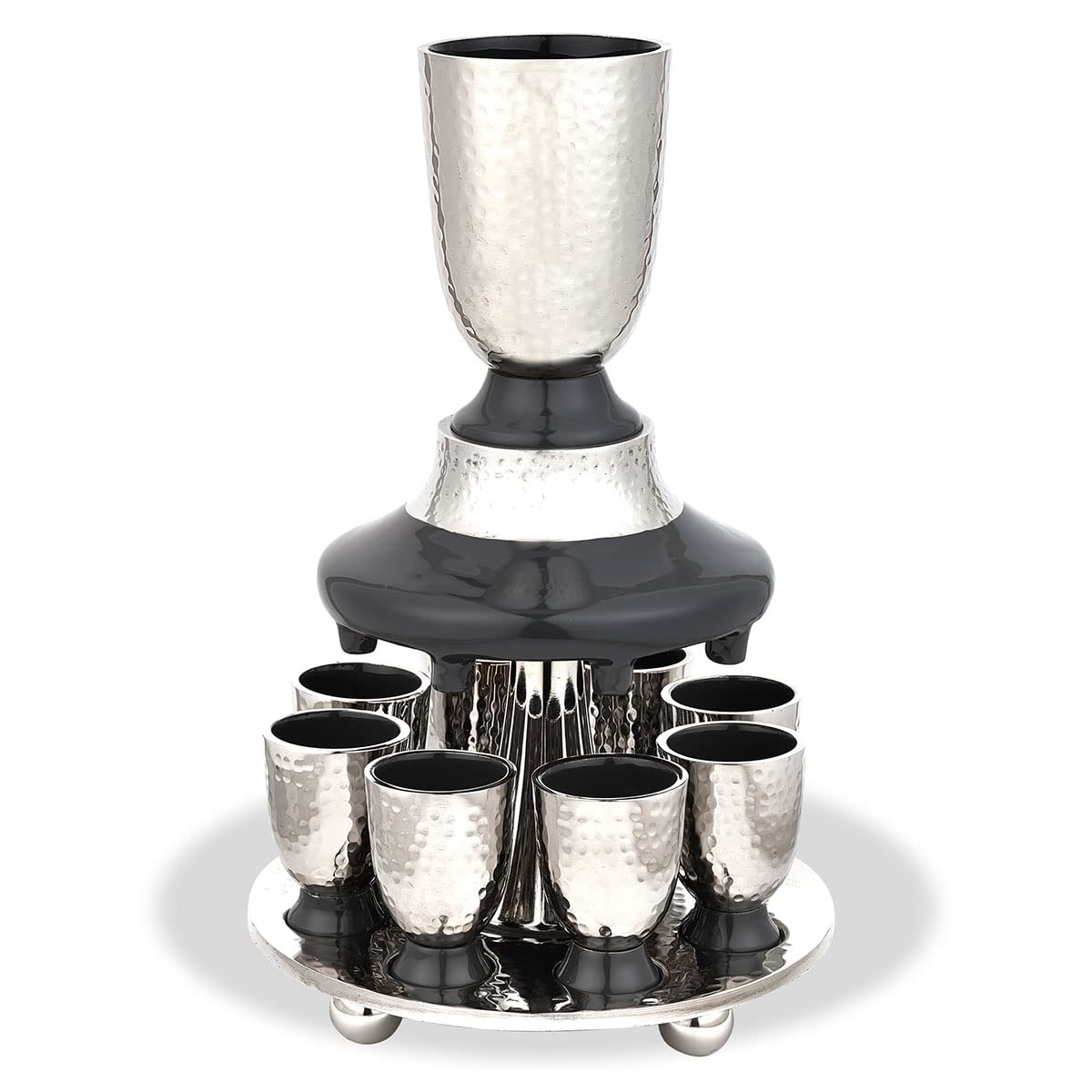 Elegant Hammered Metal Kiddush Cup Wine Fountain Set with Enamel Detailing - Large Goblet & 8 Matching Shot Cups - Perfect for Shabbat, Passover, Jewish Holidays & Wedding Gifts - Zion Judaica Grey Judaica Set for Home Celebrations & Religious Ceremonies
