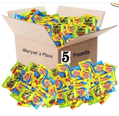 5 lb Bulk Christmas Candy Variety Pack - Sour Patch Kids & Swedish Fish Mini Soft Chewy Candy, Individually Wrapped 0.5 oz Fun Size Pouches (200 Count) - Perfect for Holiday Parties, Stocking Stuffers & Office Treats