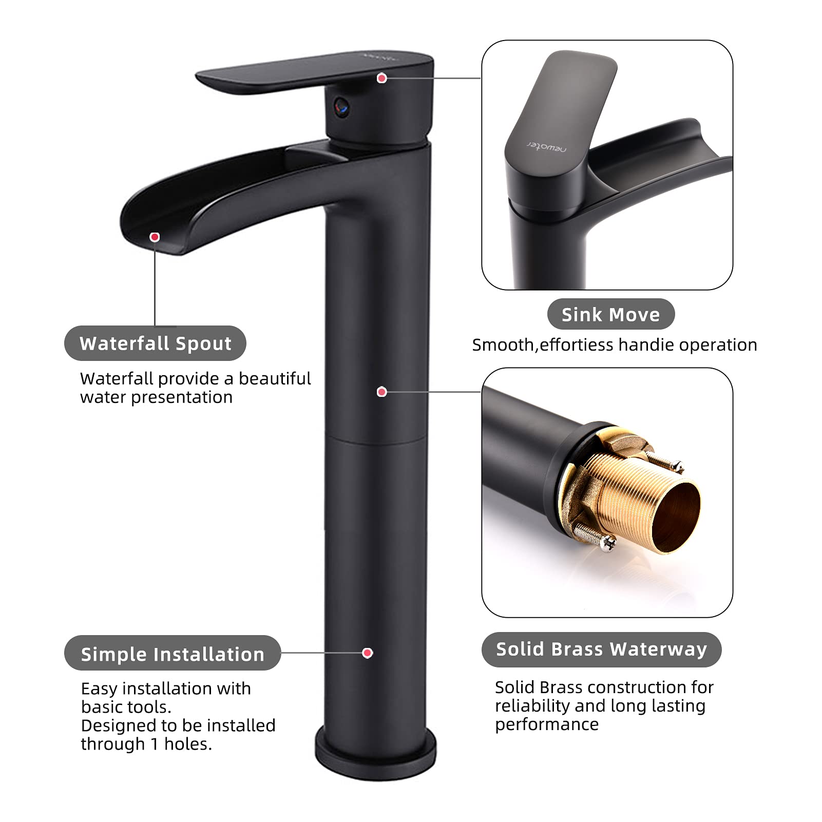 NEWATER Matte Black Vessel Sink Faucet - Tall Brass Waterfall Spout, Single Hole One Handle Bathroom Faucet with Supply Lines - Perfect for Modern Bathroom Vanity, Spa, and Commercial Restroom Sinks