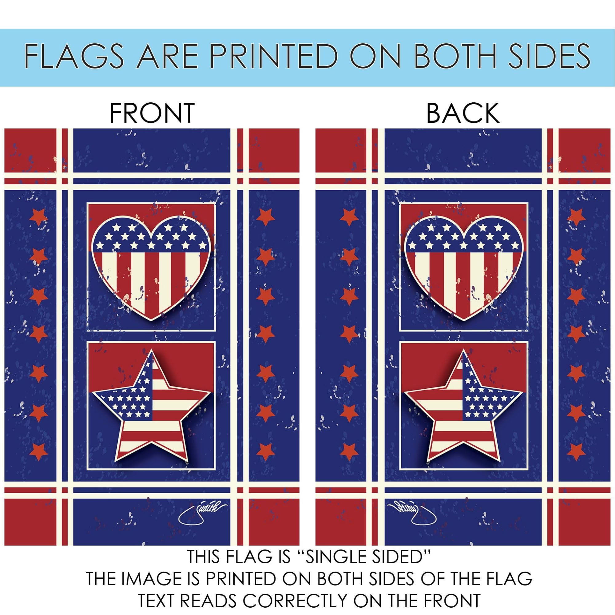 Toland Home Garden 12x18 Inch Double Sided Patriotic American Flag - Stars Stripes & Hearts Design for Outdoor Yard, House & Military Decor | Perfect for 4th of July, Memorial Day & Veterans Day Celebrations