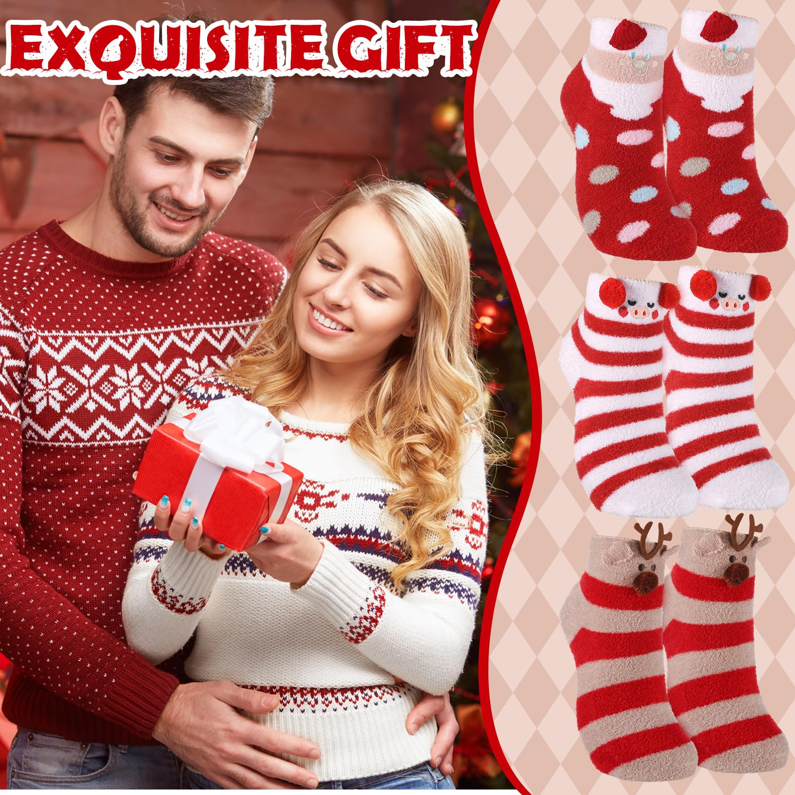 Aloe Vera Infused Ultra Moisturizing Christmas Socks - 3 Pairs Fuzzy Holiday Socks with Colorful Patterns for Women & Men | Perfect for Spa, Gift Giving & Winter Foot Care