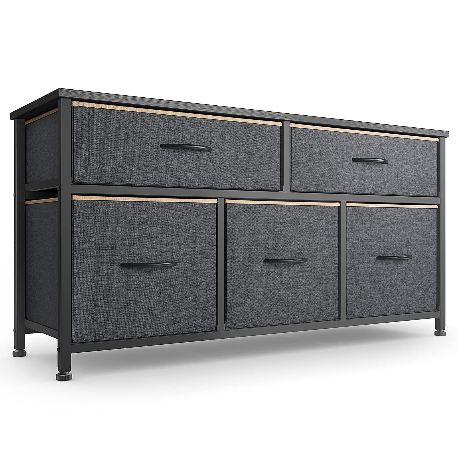 CubiCubi 5-Drawer Dresser for Bedroom - Tall Wide Storage Organizer with Sturdy Steel Frame & Wood Top (Black Grey with Light Tan Edging) - Perfect for Bedroom, Hallway, Closet & Office Organization