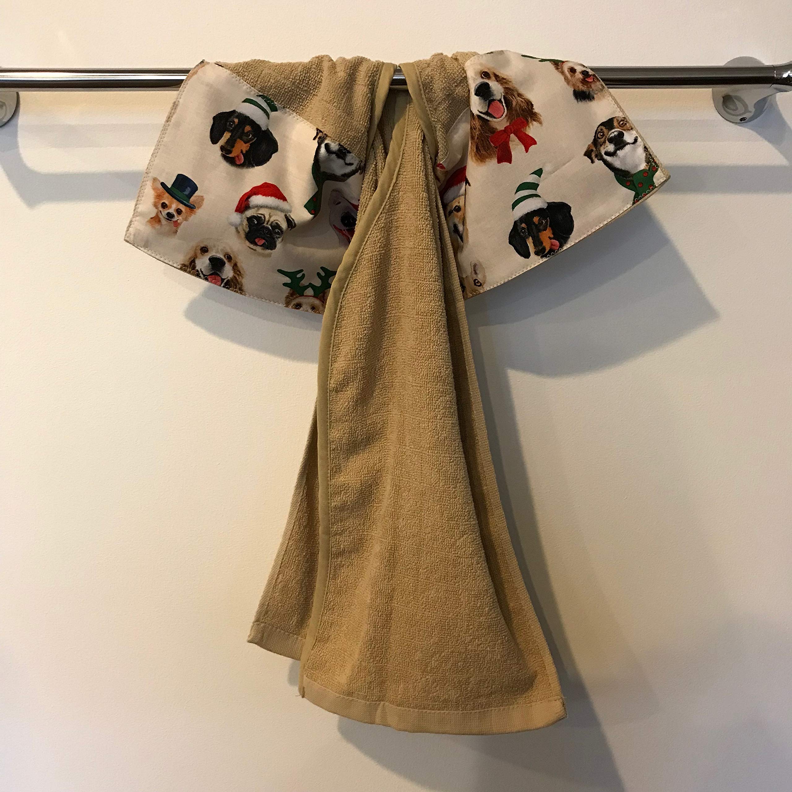 Christmas Beige Kitchen Hand Towel with X'Mas Dog Selfies Patch - 17x27 Inches - Holiday Decor & Gift - Perfect for Festive Kitchens, Bathrooms & Christmas Decorations