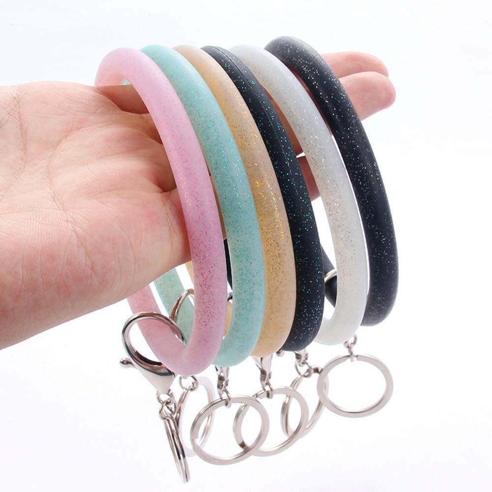5 Pack Silicone Wrist Keychain Bracelets - Shiny Bangle Keyring with Large Circle Key Holder for Women & Girls | Perfect for Gym, Running, Hiking & Everyday Carry