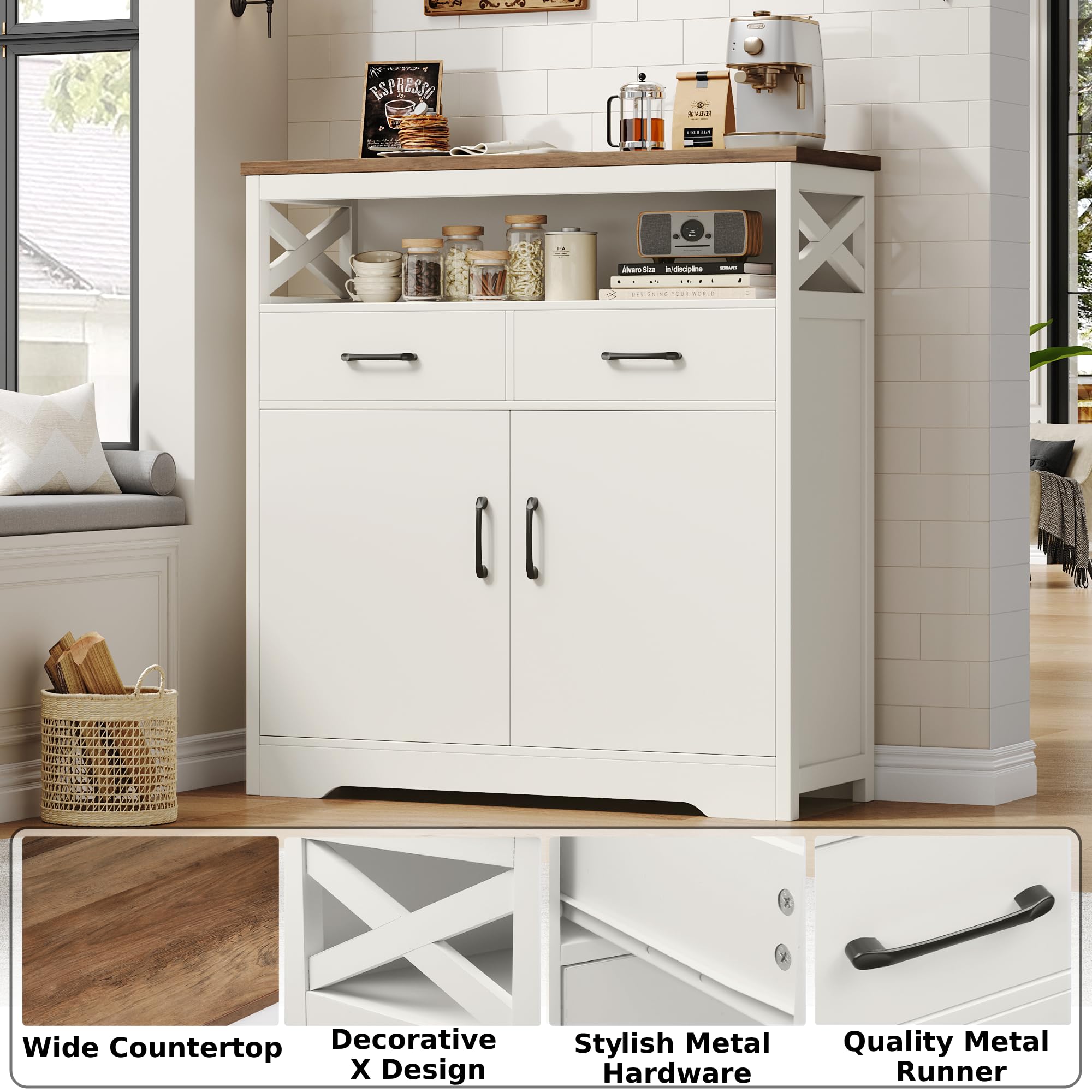 Modern Farmhouse Buffet Sideboard - Wooden Kitchen Storage Cabinet with Shelves, Doors & Drawers - Coffee Bar & Living Room Cupboard - White & Rustic Brown - Perfect for Dining Room, Entryway & Home Organization