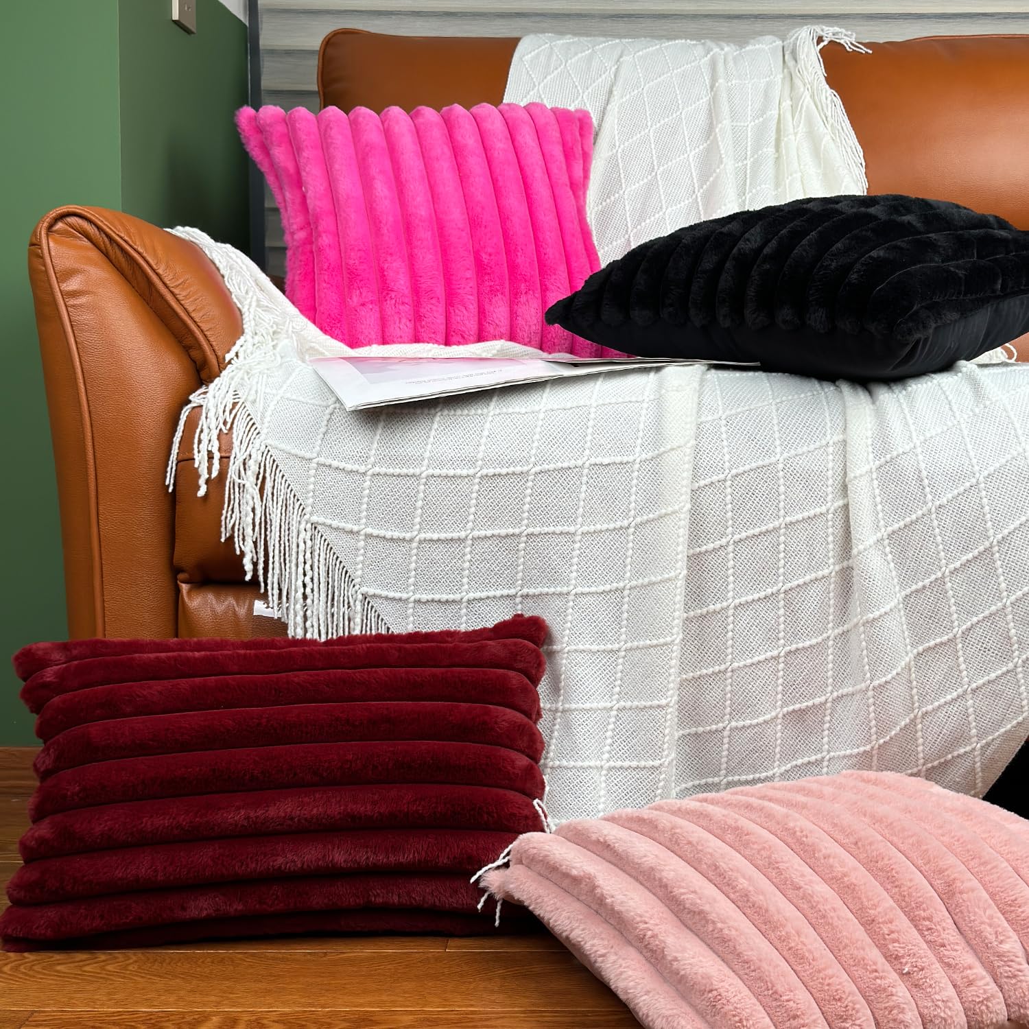 Premium 16x16 Faux Fur Throw Pillow Covers Set of 2 - Ultra Soft Fluffy Decorative Cushion Covers with Velvet Back for Sofa, Bed & Living Room - Neutral Home Decor Accent (Black) | Perfect for Cozy Winter Nights & Modern Interior Styling