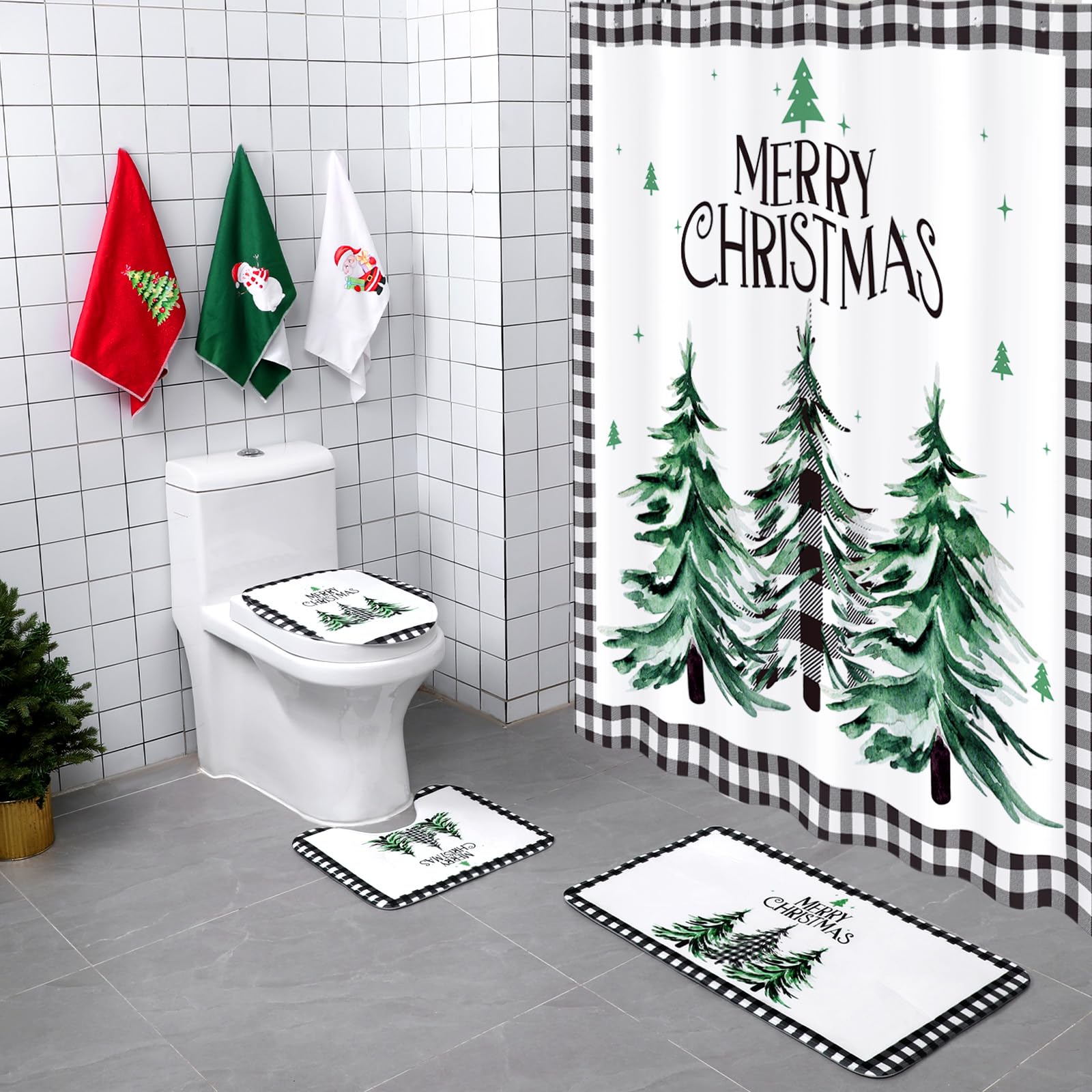 Newwiee 7-Pc Christmas Shower Curtain Set - Waterproof Bathroom Decor for Holiday