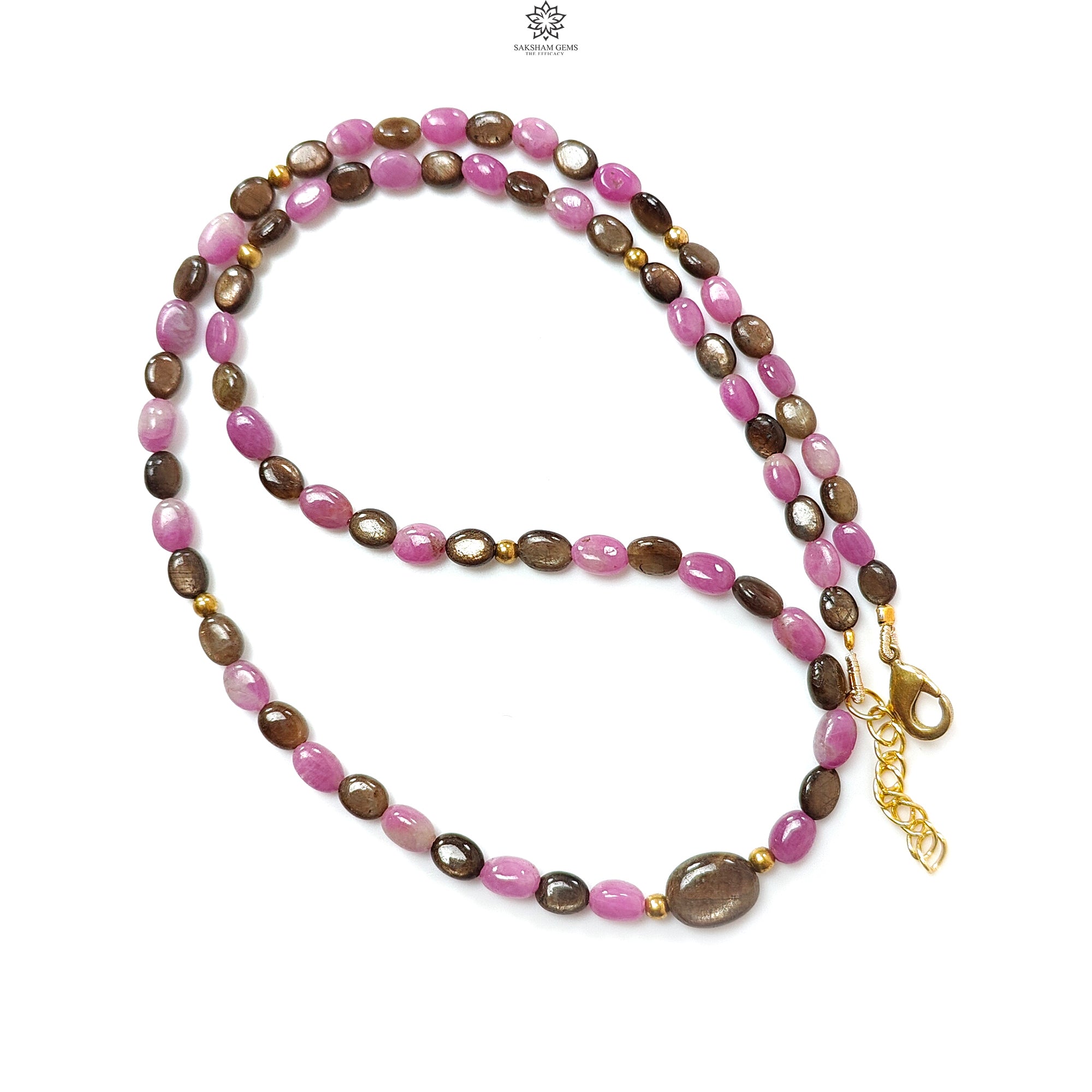 Natural Untreated Golden & Pink Sapphire Gemstone Beads Necklace - Oval Shape Brass Jewelry (18