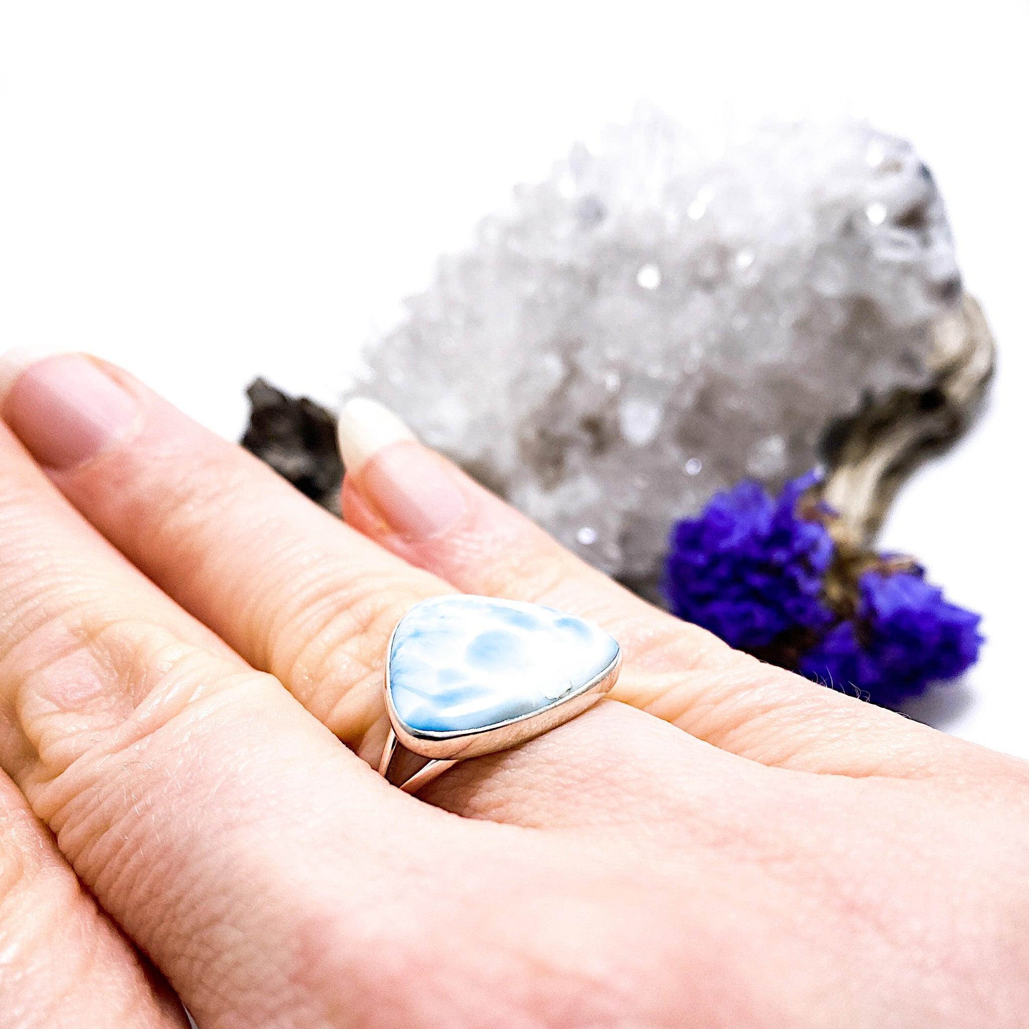 Larimar Teardrop Ring - Sterling Silver 925, Handmade Jewelry, Unique Gemstone Ring for Women - Perfect for Beach Weddings, Boho Fashion & Everyday Elegance