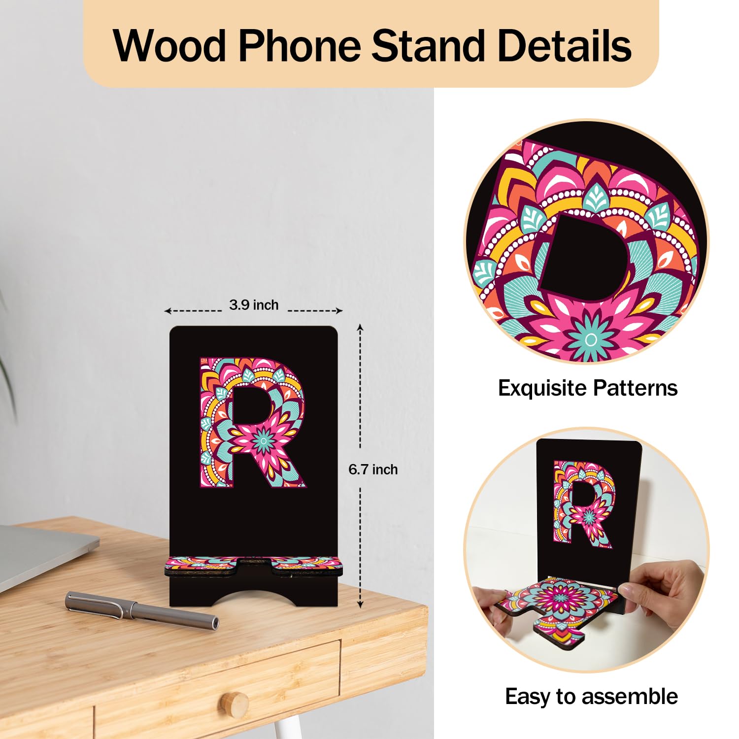 Personalized Initial Wooden Phone Stand - Universal Desk & Office Cell Phone Holder with Charging Hole for All Smartphones & Tablets | Perfect for Home, Office, and Travel Use