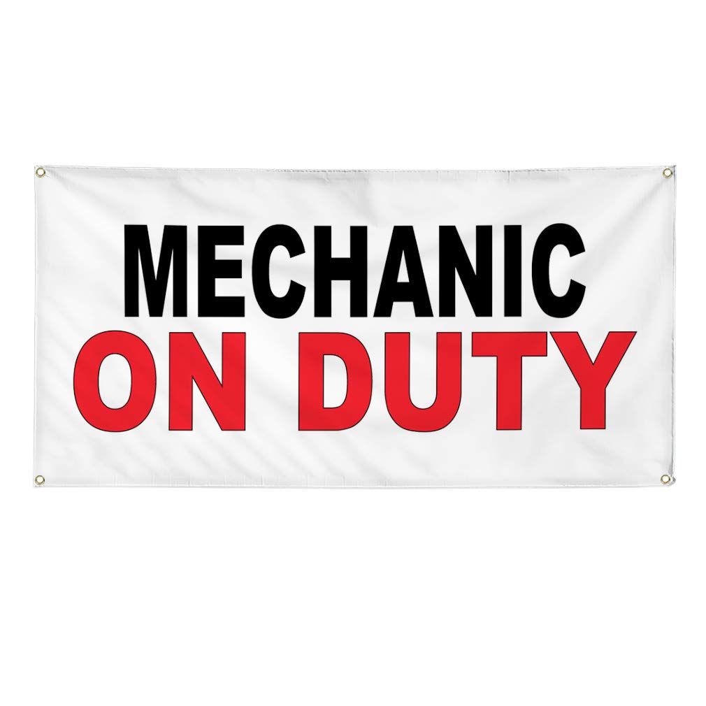 Vinyl Banner - Mechanic on Duty Sign (60x144 Inches) | Heavy-Duty, Weatherproof, Industrial Yard Sign with 10 Grommets | Black & Red Automotive Design for Shops, Garages & Outdoor Use