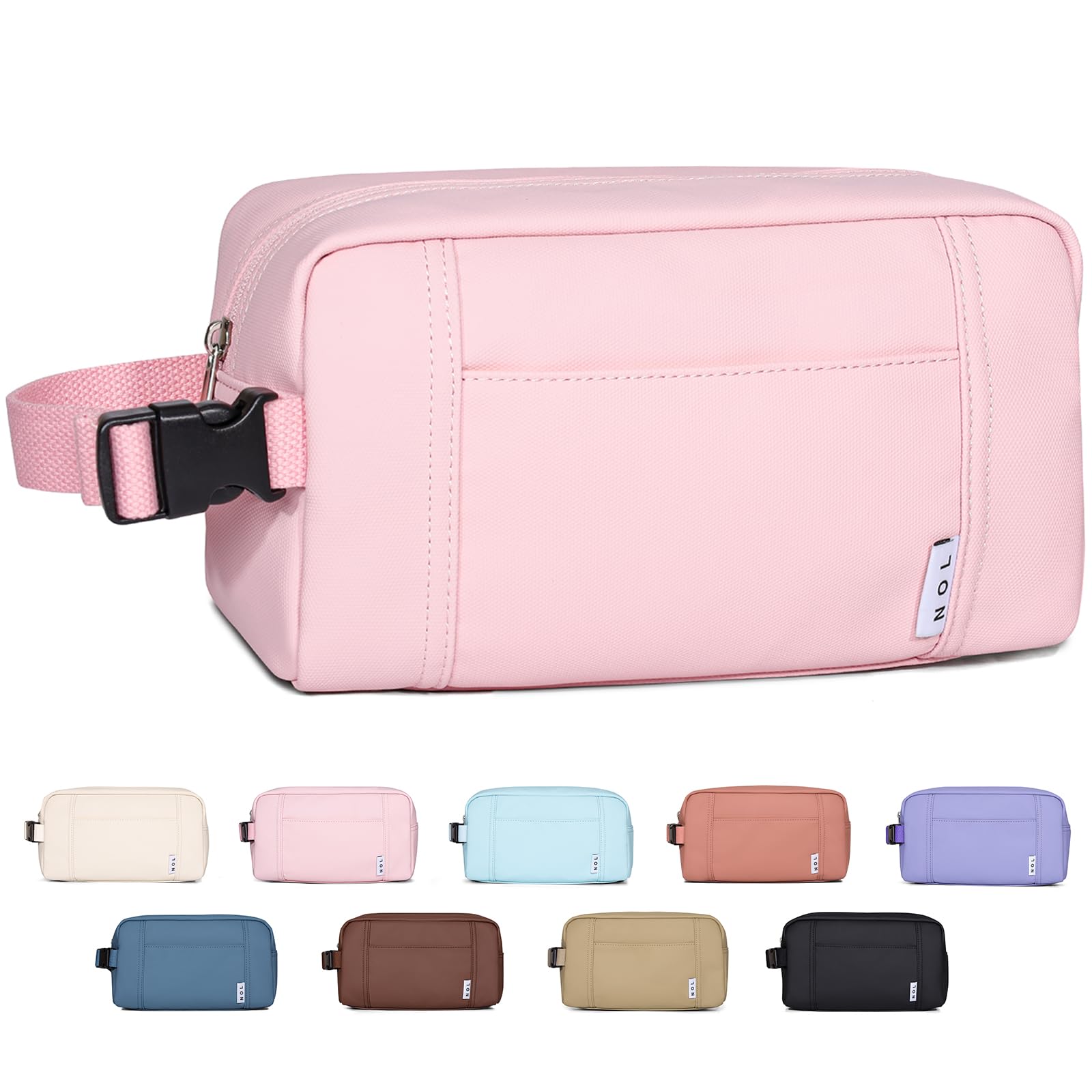 NOL Natural Organic Lifestyle Waterproof Nylon Makeup Bag - Lightweight Travel Toiletry Organizer for Women & Men | Reusable Cosmetic Pouch with Zip Closure & Buckle Handle | Perfect for Travel, Gym, Beach & Daily Use | Pink