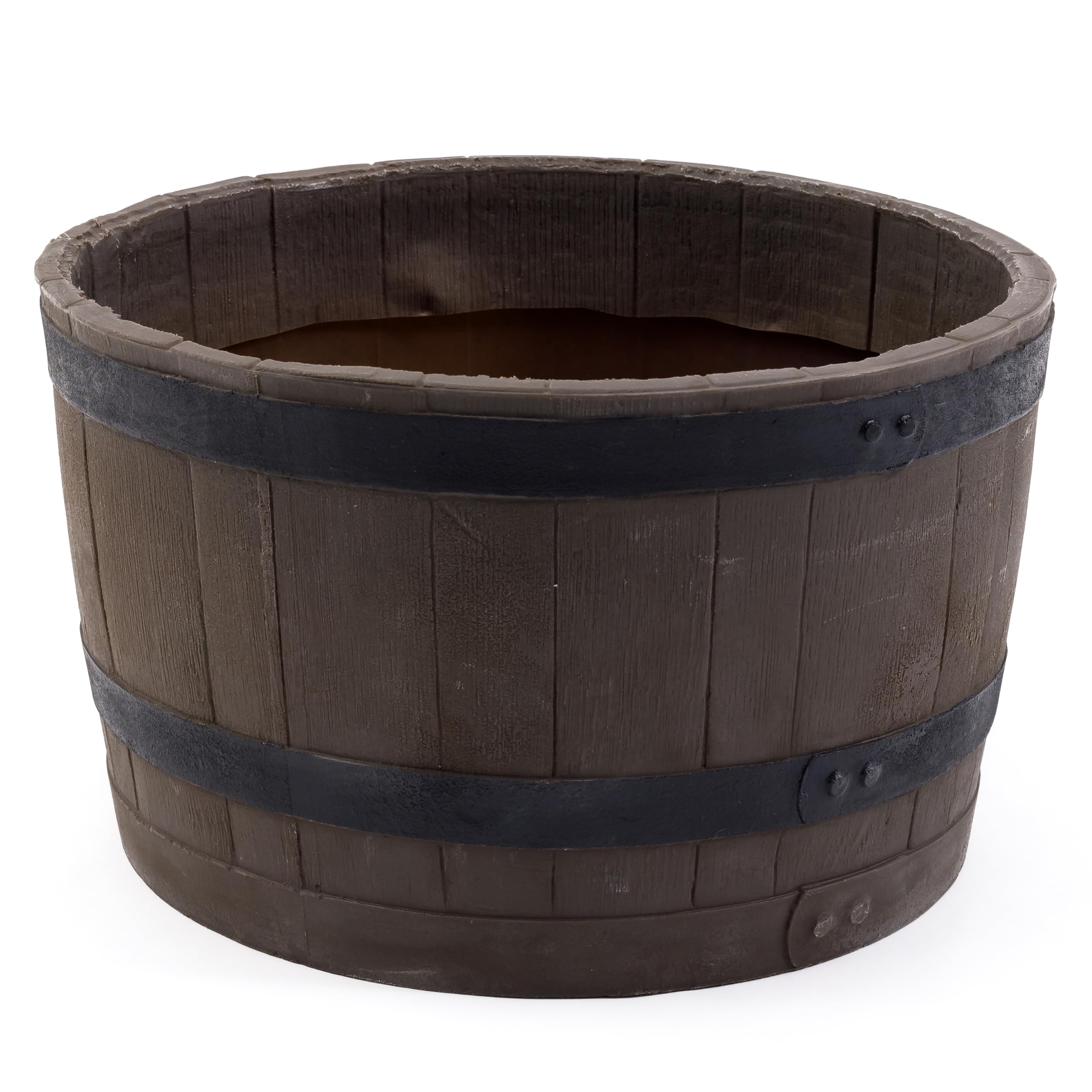 Whiskey Barrel Planter - Durable Polyethylene Garden Planter for Indoor & Outdoor Plants - Realistic Woodgrain Finish with Black Stripes - Perfect for Patio, Deck, Balcony & Home Decor