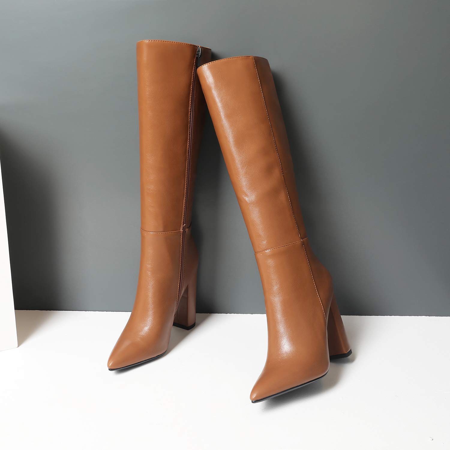 LEHOOR Women's Knee High Boots with Chunky Heel - Pointed Toe Side Zipper Dress Boots for Women US Size 4-11 | Sexy High Heel Booties for Party, Office & Night Out