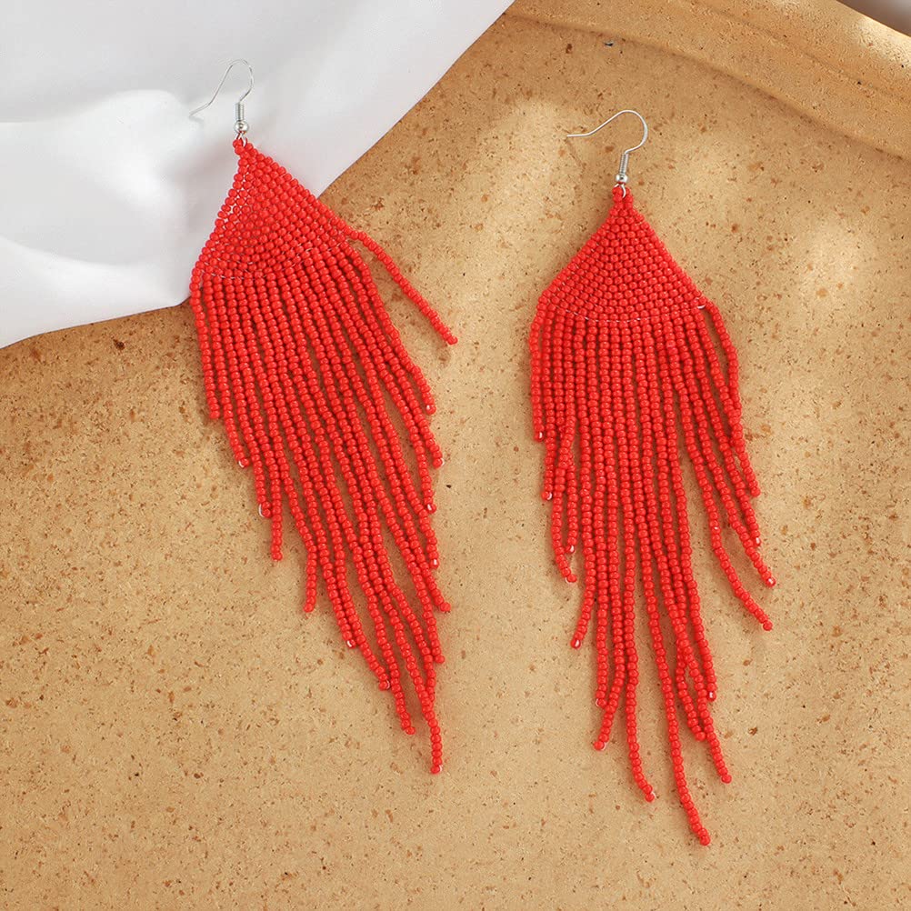 Handmade Boho Beaded Tassel Earrings for Women - Long Drop Fringe Dangle Earrings with Native Seed Beads | Perfect for Festival, Party & Tribal Fashion Accessories