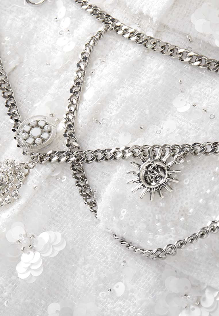 Elegant White Tweed Sequin Beaded Dress with Chain Belt - Perfect for Evening Parties, Cocktail Events & Special Occasions