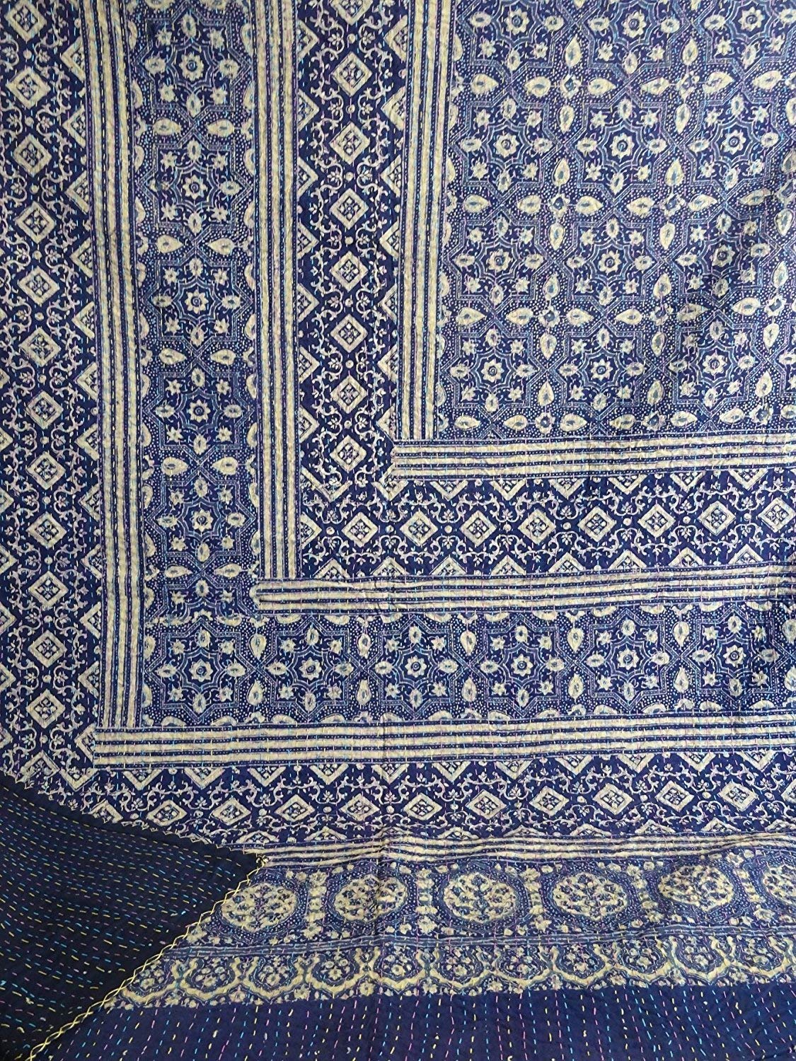 Handmade Blue Kantha Quilt Queen Size - Indian Ajrakh Stitch Bohemian Bedspread & Throw Blanket | Perfect for Bohemian Bedroom Decor, Guest Room Accent, or Cozy Living Room Throw