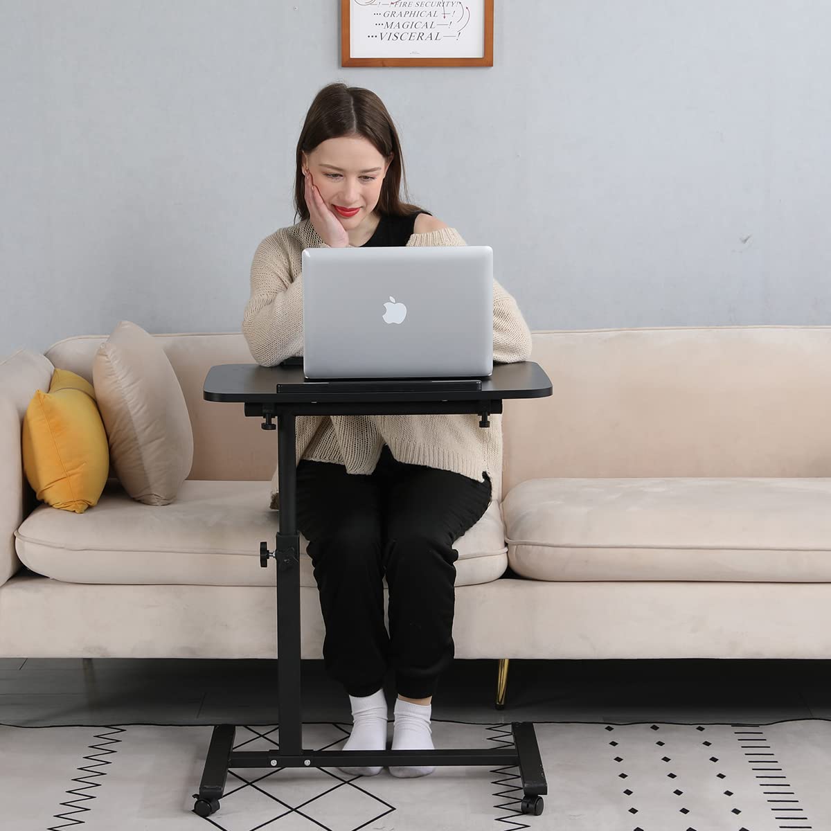 Adjustable Overbed Table with Wheels - Portable Rolling Laptop Tray & Bedside Desk Cart for Hospital, Home, or Office Use - Ideal for Working, Eating, Reading in Bed or Recovering Patients