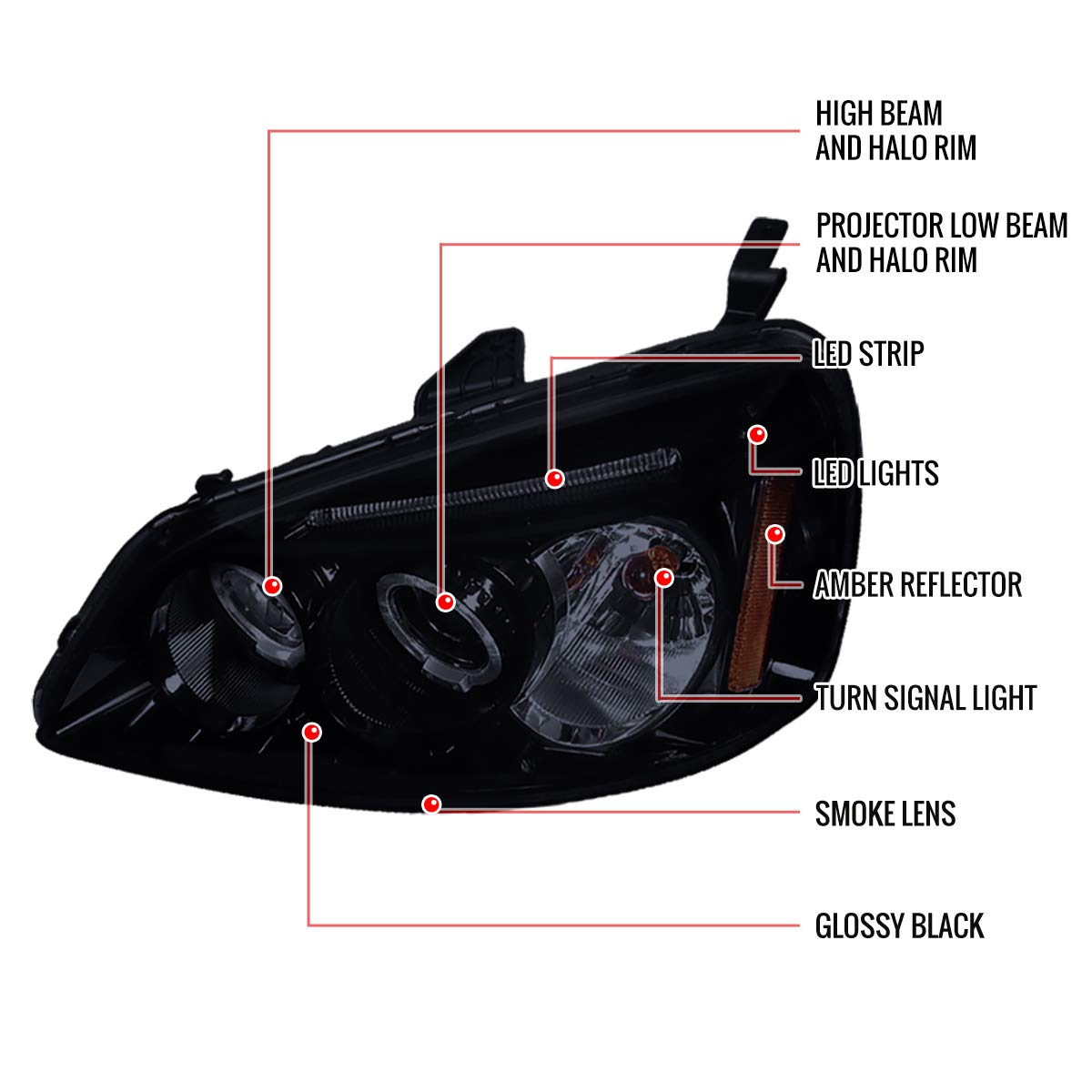 Honda Civic 2001-2003 Glossy Piano Black Tinted LED Projector Headlights - High Performance Replacement Lamps for Night Driving & Custom Car Upgrades