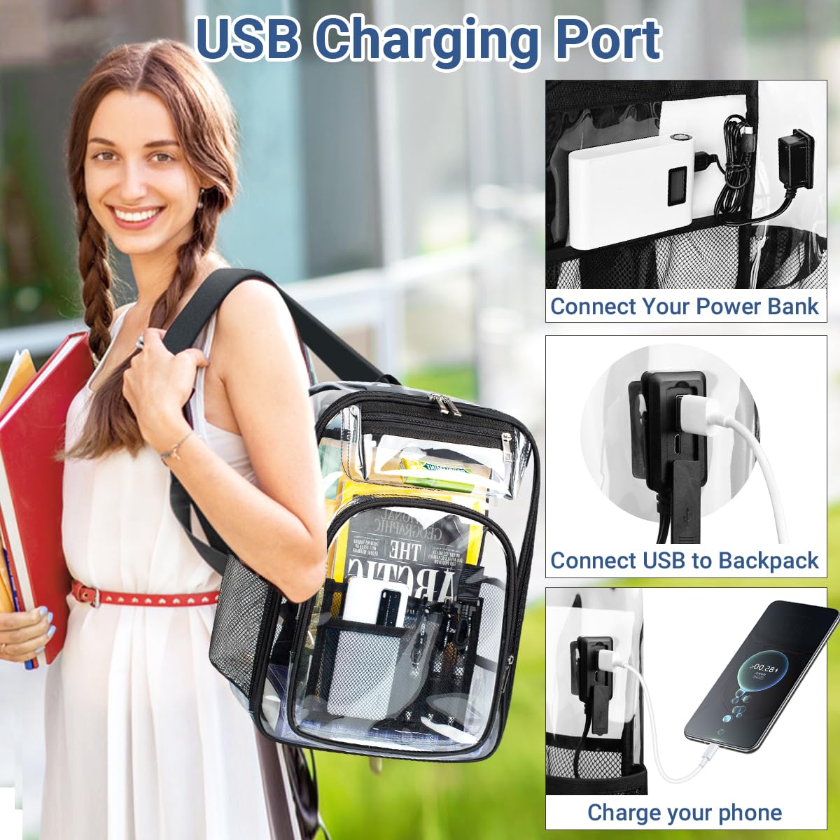 Clear Transparent Backpack with USB Charging Port - Heavy Duty PVC 15.6 Inch Laptop Backpack for School, Travel & Work - Stadium Approved See-Through Bookbag for Women, Men & Kids - Perfect for Security Checks, College & Outdoor Activities