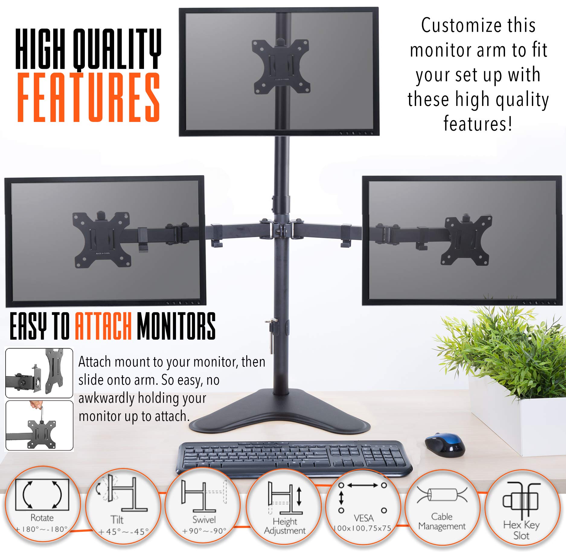 Stand Steady Triple Monitor Desk Stand with Tabletop Base - Adjustable Height & Full Articulation VESA Mount for 13-32 Inch LCD/LED Screens | Perfect for Home Office, Gaming & Workstation Setup