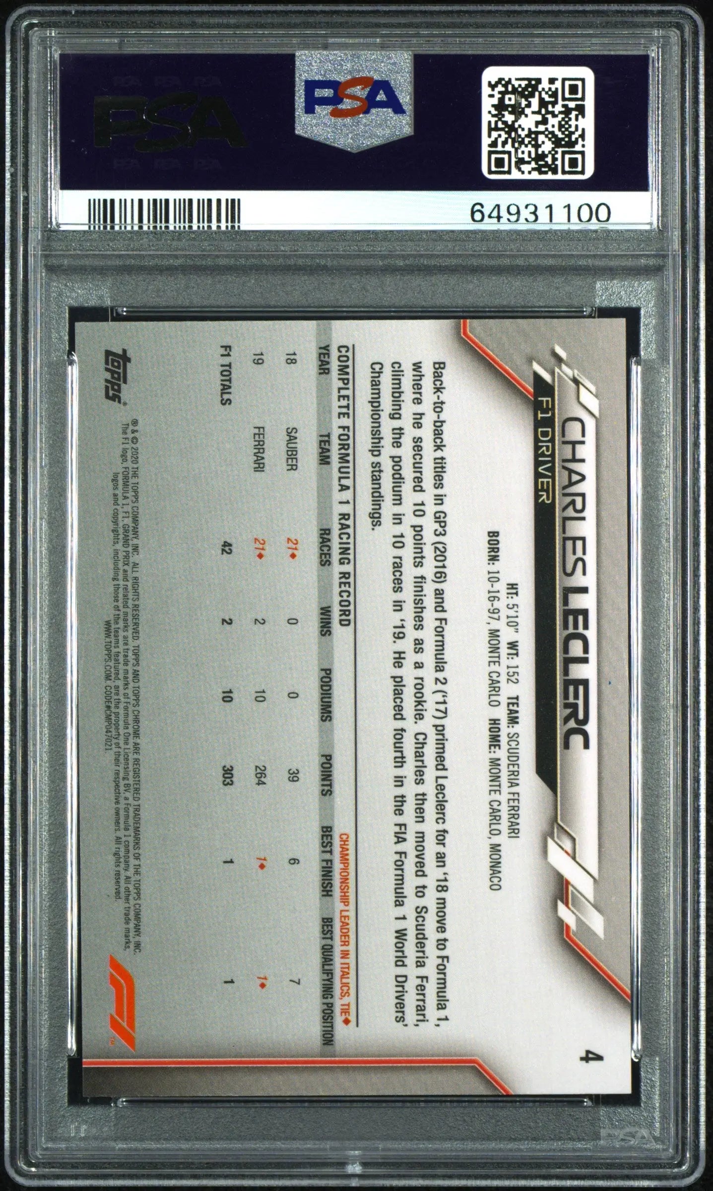 2020 Topps Chrome Formula 1 Sapphire Edition Charles Leclerc #4 PSA 10 Gem Mint - Rare F1 Trading Card for Collectors & Racing Fans - Perfect for Display, Investment & Memorabilia Collections