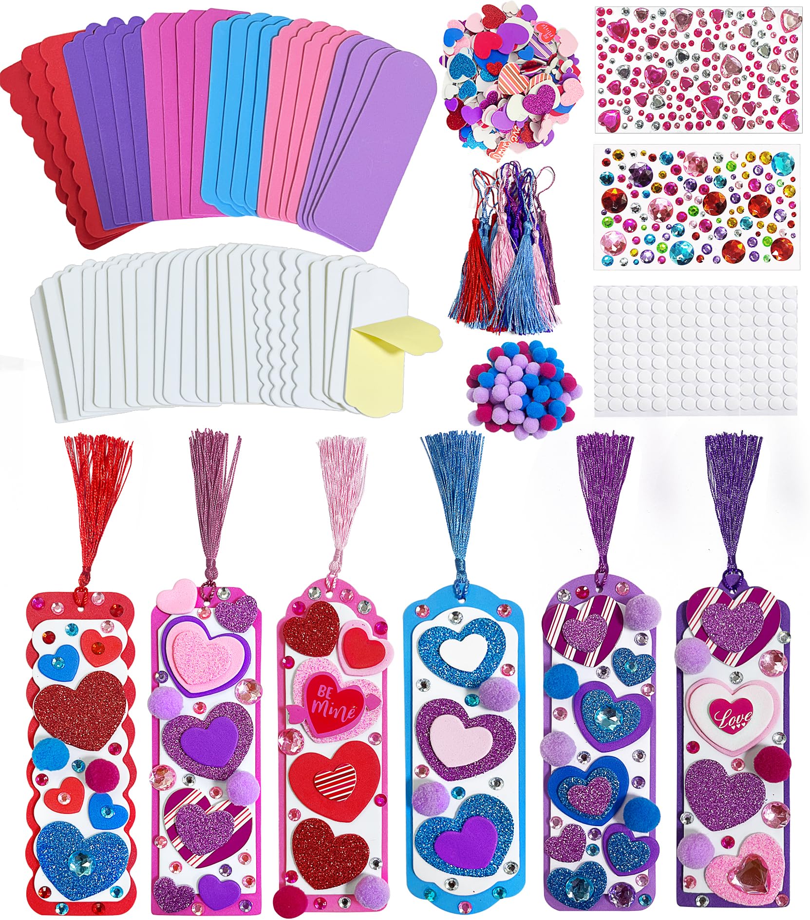 24 Sets Valentine's Day DIY Craft Kit for Kids - Foam Bookmarks with Self-Adhesive Heart Stickers & Pom Poms - Classroom Activity Supplies, Party Favors, Gift Exchange Ideas for Valentine's Day Celebrations
