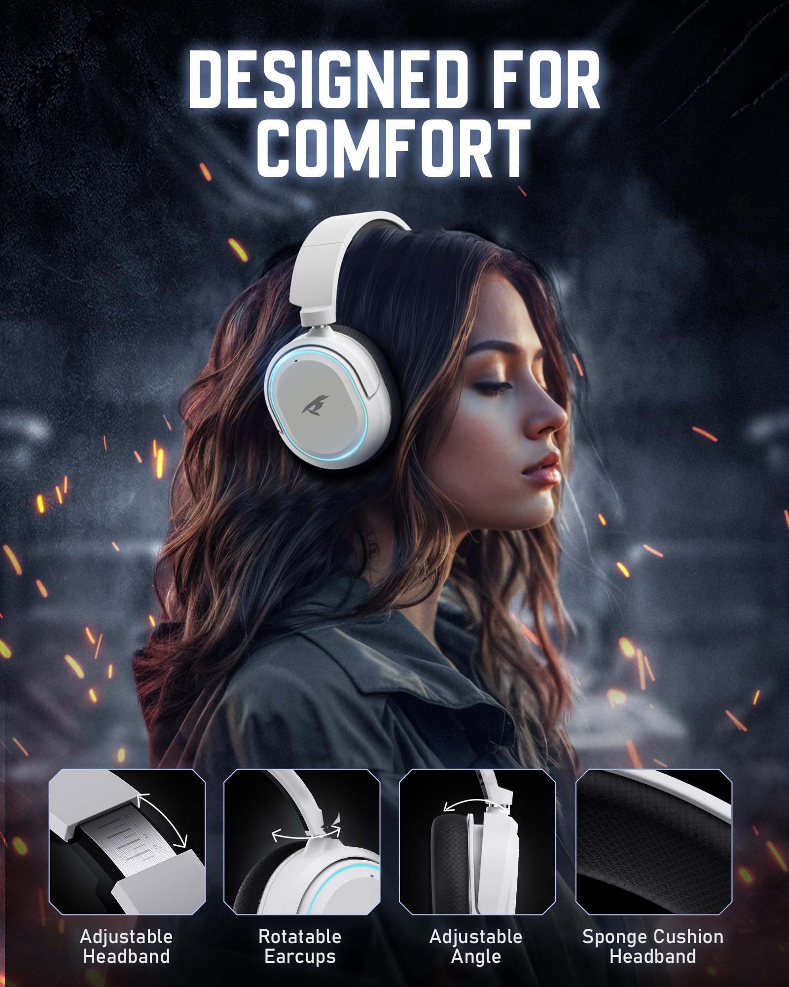 Wireless Gaming Headset with 7.1 Surround Sound - Bluetooth 5.4 & 2.4GHz USB Connection - 100H Battery Life - ENC Noise Canceling Mic - RGB Lighting - Compatible with PC, PS5, PS4, Mac & Nintendo Switch (Black-White) - Perfect for Competitive Gaming & Streaming
