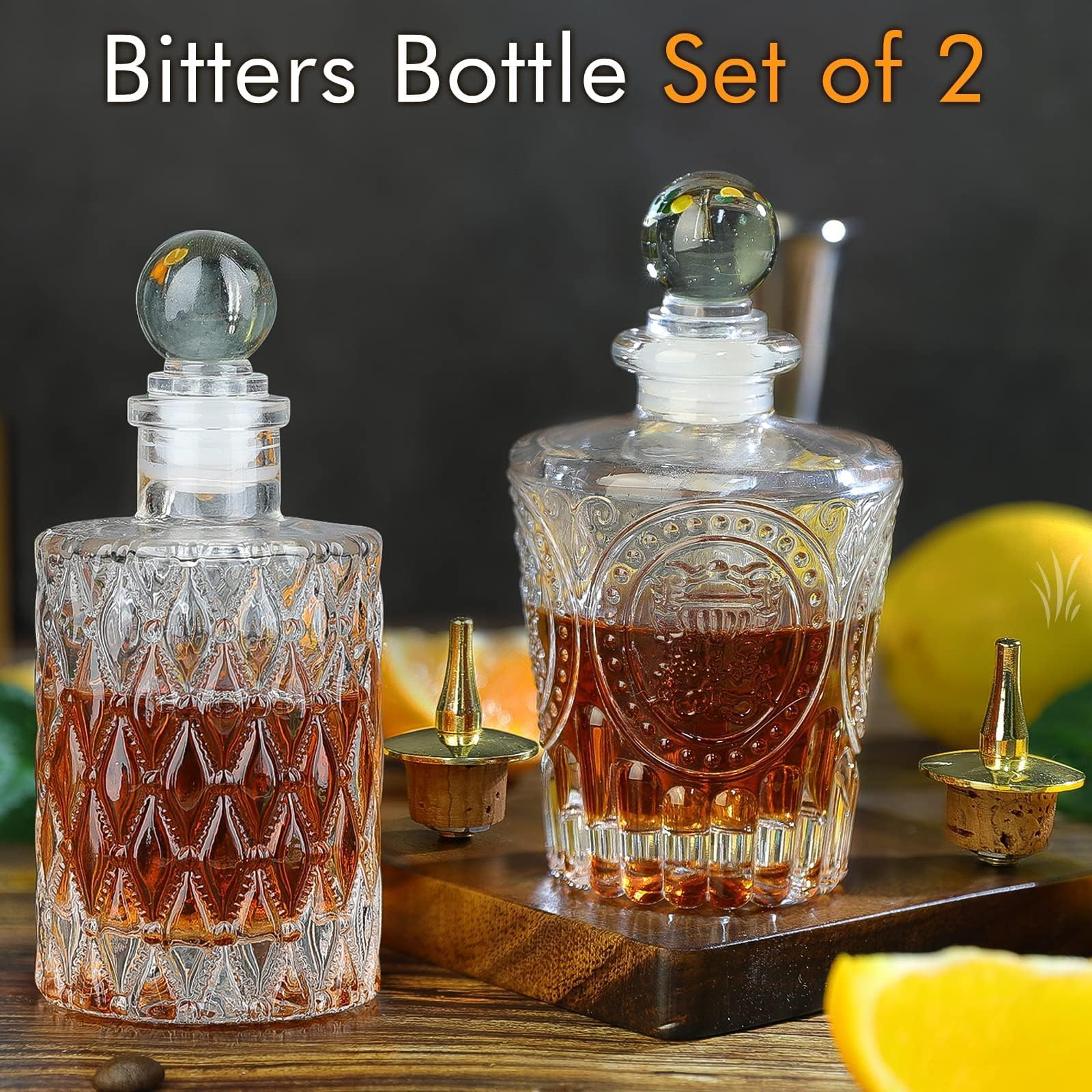 Premium Glass Bitters Bottle Set of 2 - Cocktail Dasher Bottles with Gold Dash Tops | Elegant Barware for Mixing Old Fashioned, Manhattan & Craft Cocktails | Perfect Home Bar Accessory & Gift for Bartenders