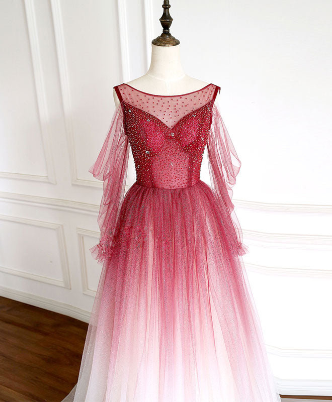 Elegant Burgundy Round Neck Tulle Long Prom Dress for Women - Perfect for Evening Gala, Homecoming, Wedding & Formal Events