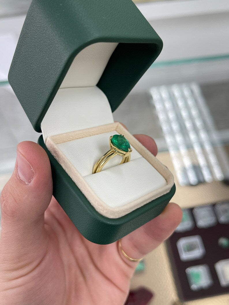 2.90ct 18K Gold Emerald Pear Cut Ring - Medium Dark Yellowish Green Solitaire with Double Claw Prong Setting & Split Shank | Perfect for Engagement, Anniversary & Special Occasion Gifts