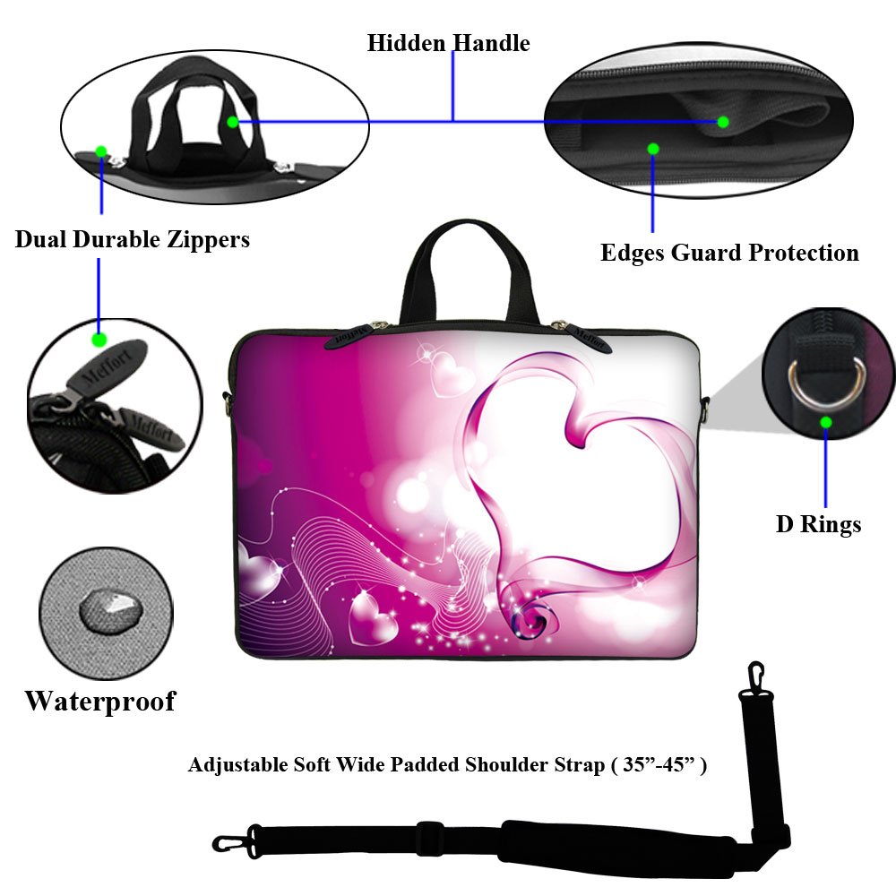 Meffort Inc 15.6 Inch Neoprene Laptop Sleeve Case with Hidden Handle & Adjustable Shoulder Strap - Pink Heart Pattern - Perfect for MacBook, Dell, HP - School, Office, Travel Protection