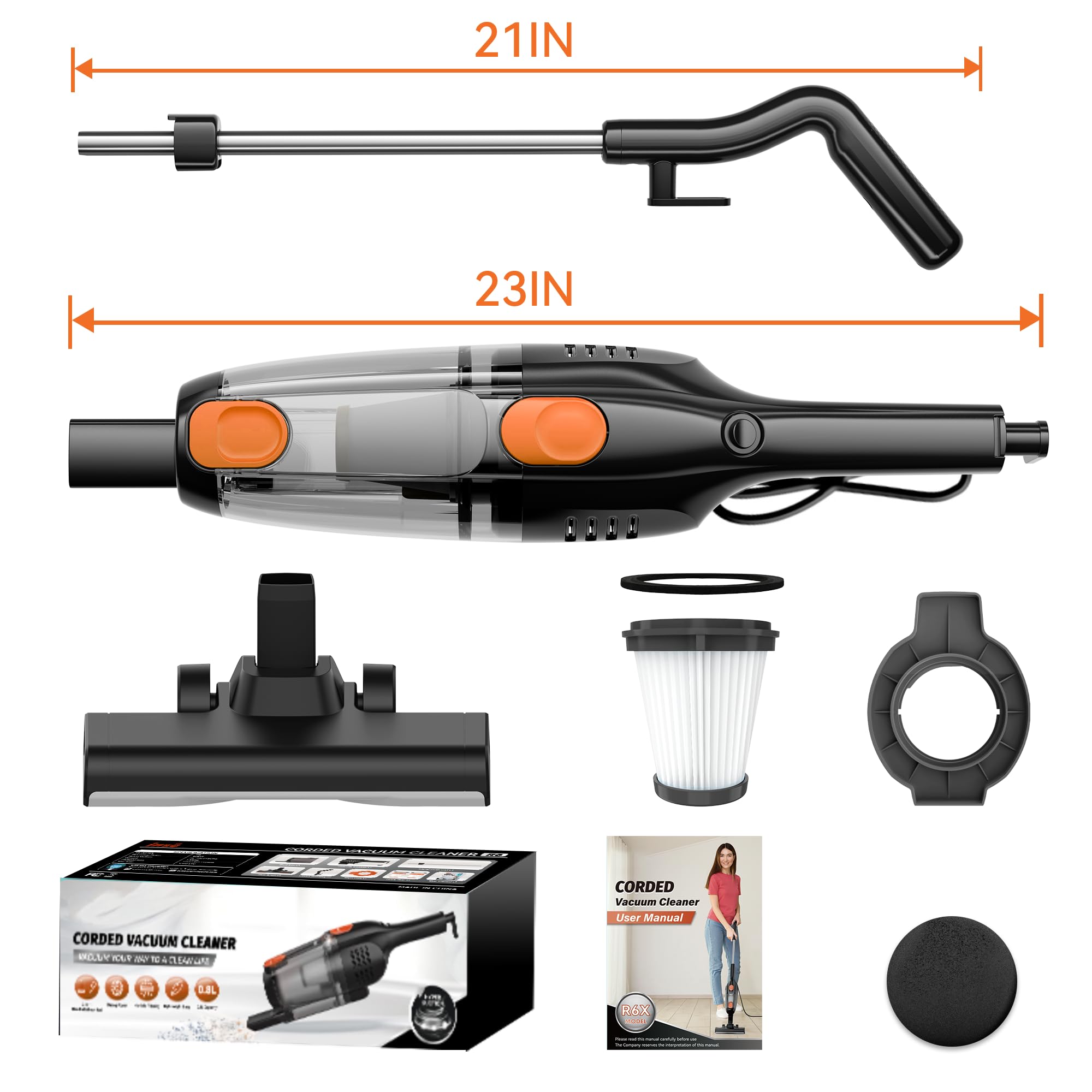 20000Pa Powerful Corded Stick Vacuum Cleaner with 16Ft Long Cord - 2-in-1 Lightweight Vacuum for Hard Floors & Pet Hair (Orange) - Perfect for Home Cleaning, Pet Owners & Quick Pickups