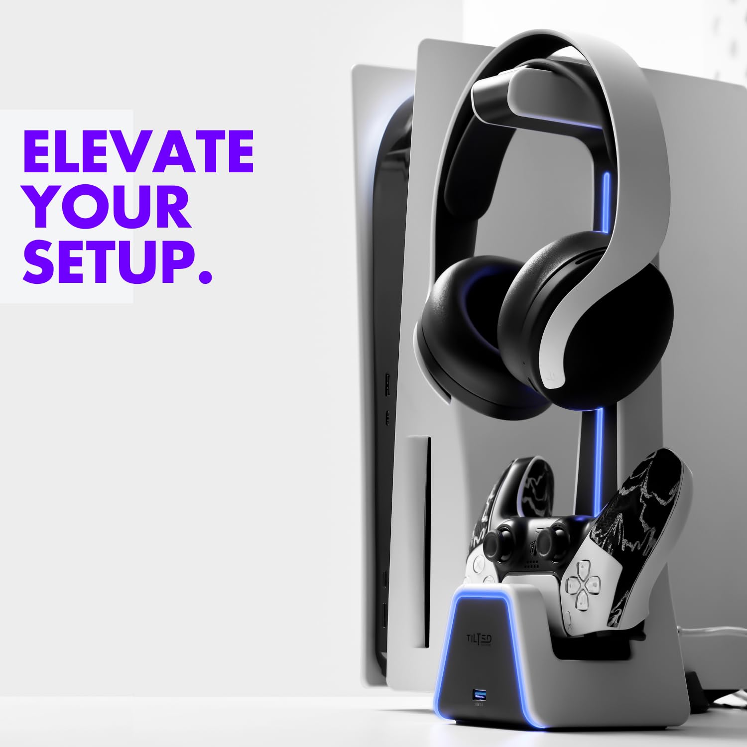 Tilted Nation RGB Gaming Headset & Controller Stand with Wireless Charging Station - Compatible with PS4, PS5, PC - Dual Charger for Headphones & Game Controllers - White Desk Organizer for Gaming Setup & Streaming Station