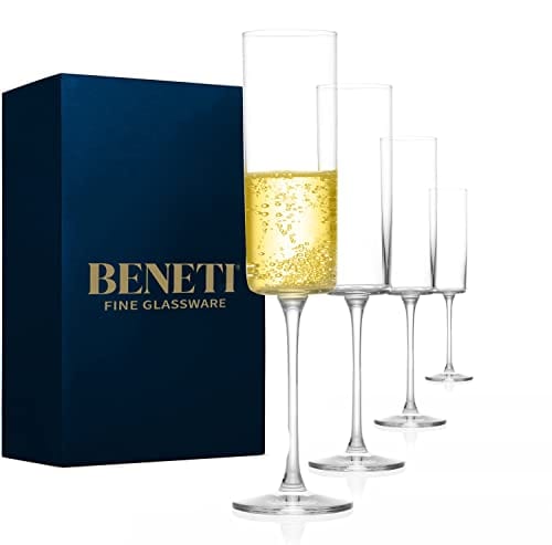 Elegant 6 oz Champagne Flutes Set of 4 - European Style Square Mimosa Glasses for Engagement, Wedding & Housewarming Gifts | Dishwasher Safe Crystal Glassware for Celebrations, Parties & Romantic Dinners