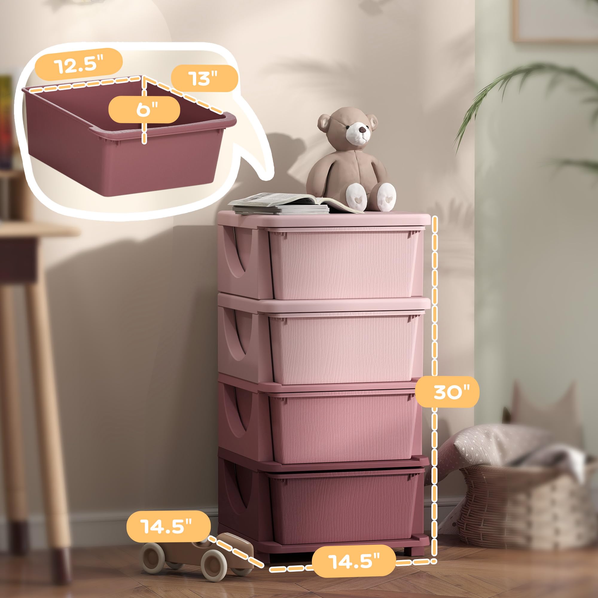 Qaba 4-Tier Kids Storage Unit with 4 Drawers - Toy Organizer with Plastic Bins for Bedroom, Nursery & Kindergarten - Space-Saving Storage Solution for Boys, Girls & Toddlers (Pink) - Perfect for Organizing Toys, Books & Clothes in Kids' Rooms & Play Areas