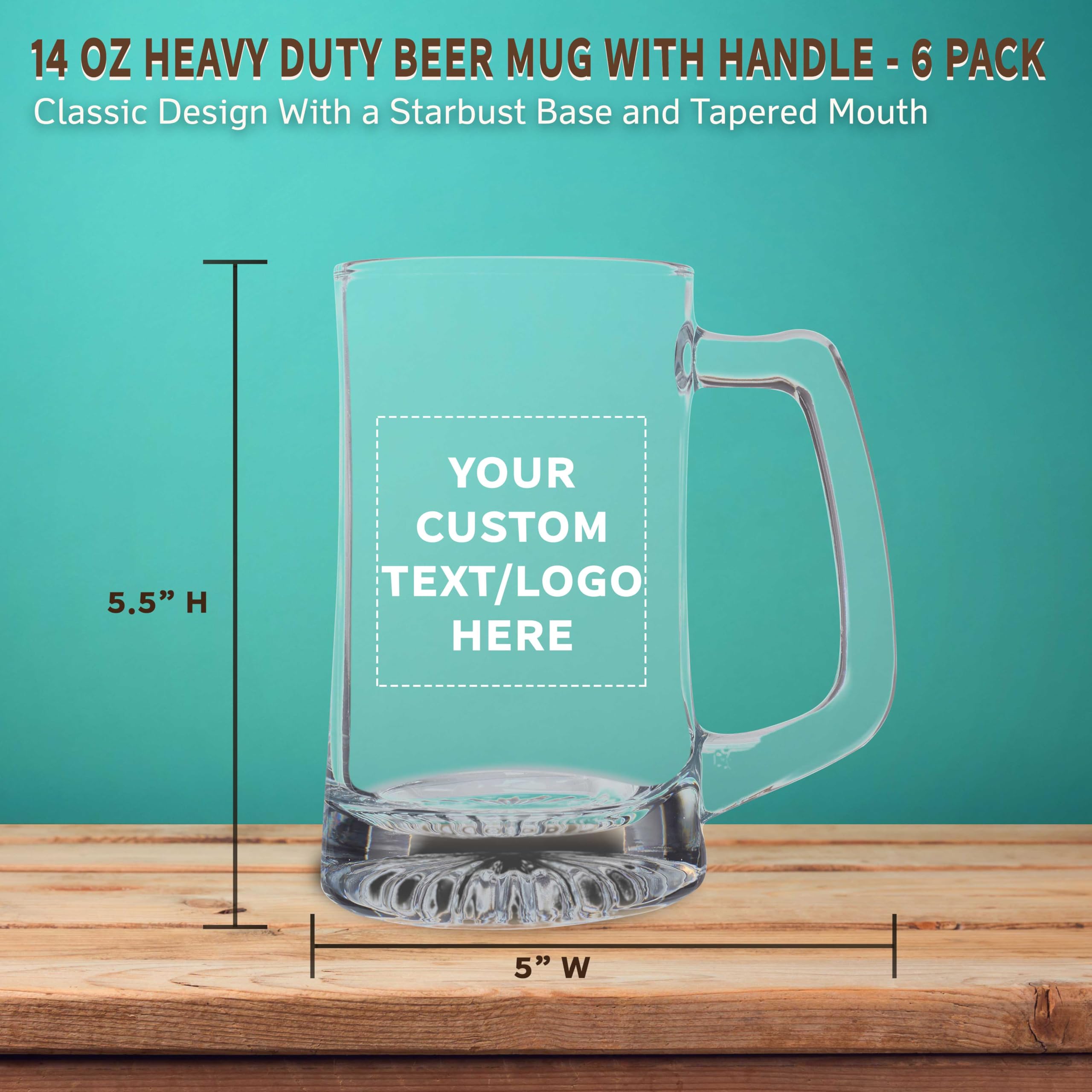 Personalized 14 oz ARC Glass Beer Mugs Set of 6 - Custom Bulk Barware for Oktoberfest, Pubs & Restaurants - Durable Clear Drinking Glasses - Perfect for Parties, Gifts & Commercial Use
