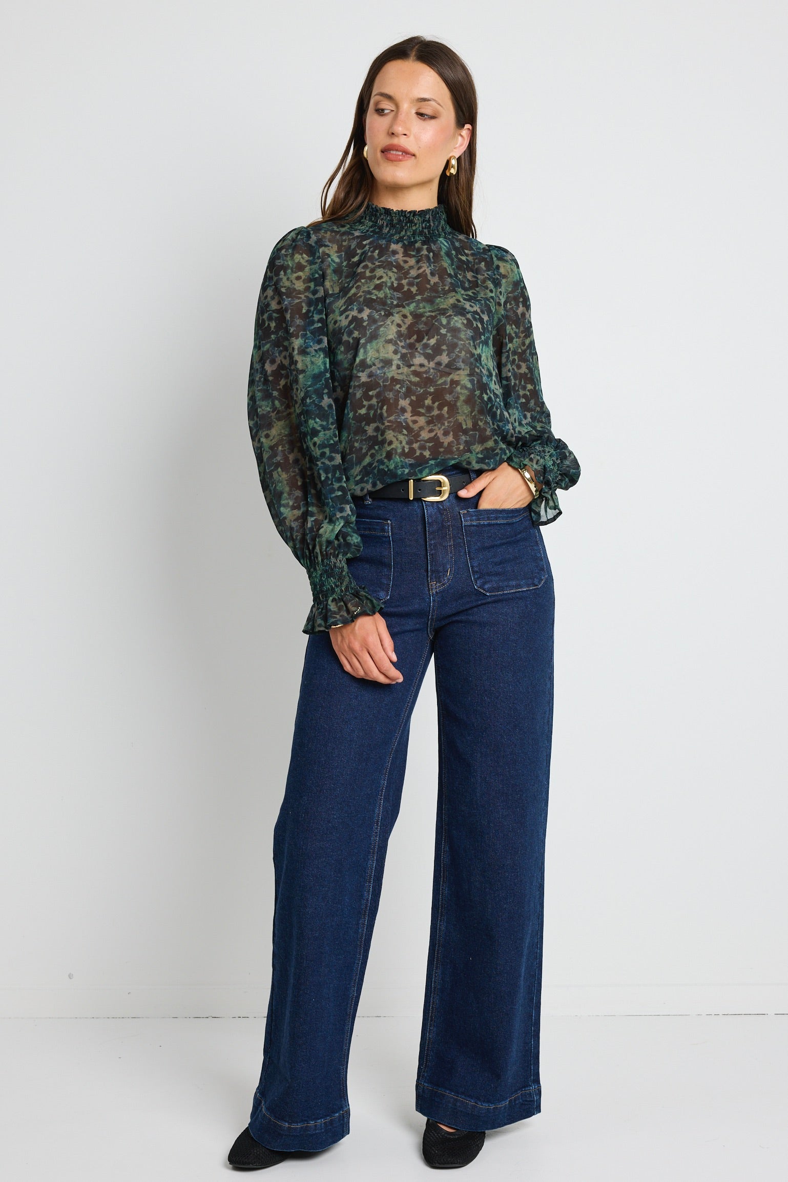 Emphatic Khaki Ditsy Print Shirred Neck Long Sleeve Top for Women | Casual Chic Blouse for Everyday Wear & Date Nights