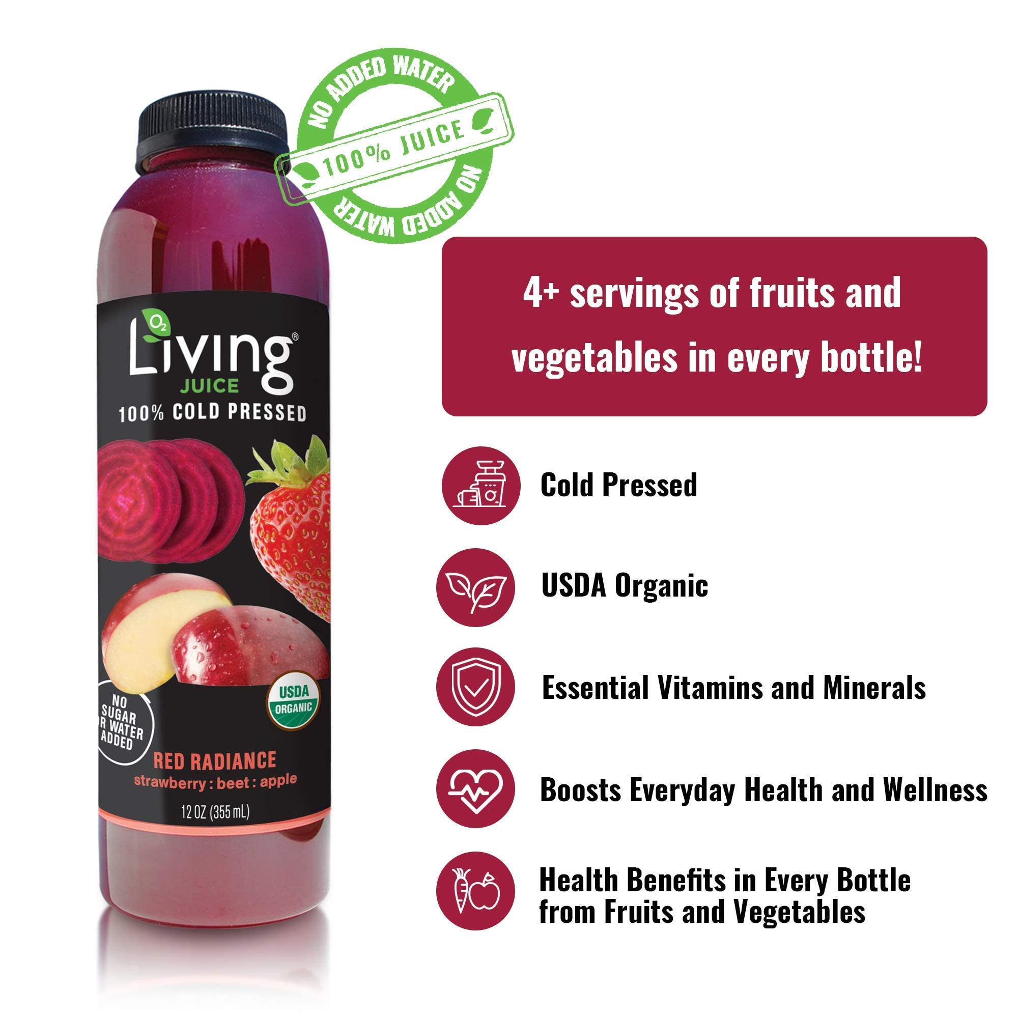 O2 Living Organic Cold Pressed Juice - 18 Pack Red Radiance (12oz) | Low-Calorie Detox Cleanse Drink with 4 Vegetable Servings | Non-GMO, Vitamin-Rich, Immunity Boosting Beverage | Perfect for Post-Workout Recovery, Healthy Breakfast & Daily Wellness