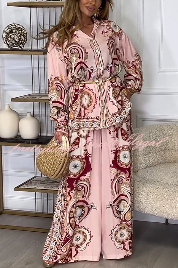 Stylish Print Lapel Long Sleeve Tie Waist Blouse & Elastic Waist Pocket Wide Leg Pants Outfit Set | Women's Fashion Two-Piece Ensemble for Office, Casual Wear & Special Occasions