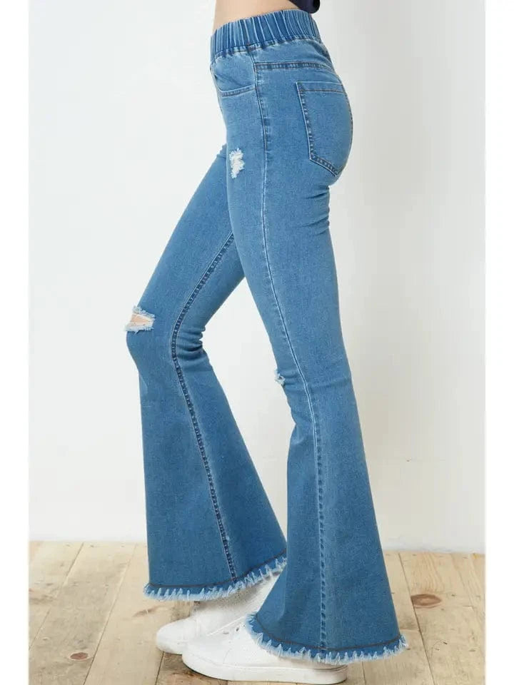 Stylish Women's Elastic Waist Fringed Bell Bottom Jeans - Comfortable Flared Denim Pants for Casual Wear & Boho Fashion